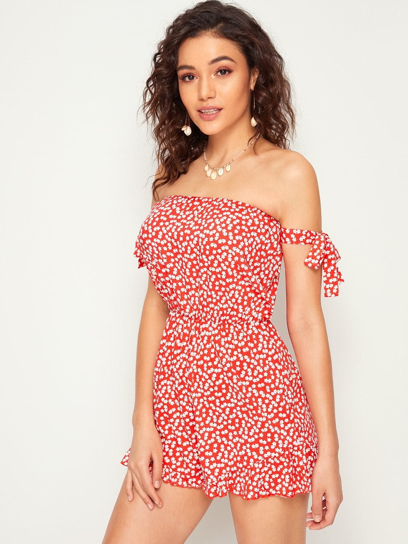 Red Off Shoulder Tie Cuff Ditsy Floral Frill Hem Bardot Romper Jumpsuit