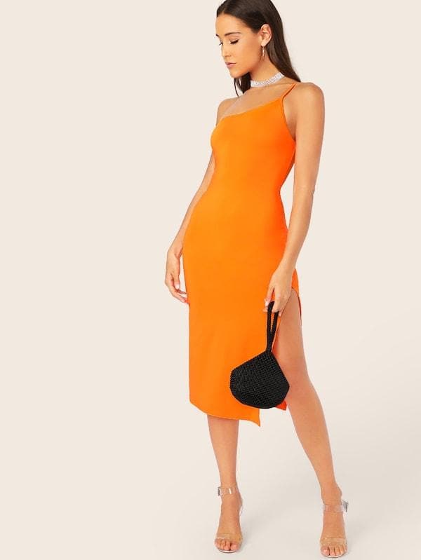 Sleeveless One Shoulder Split Thigh Form Fitted Dress - Orange
