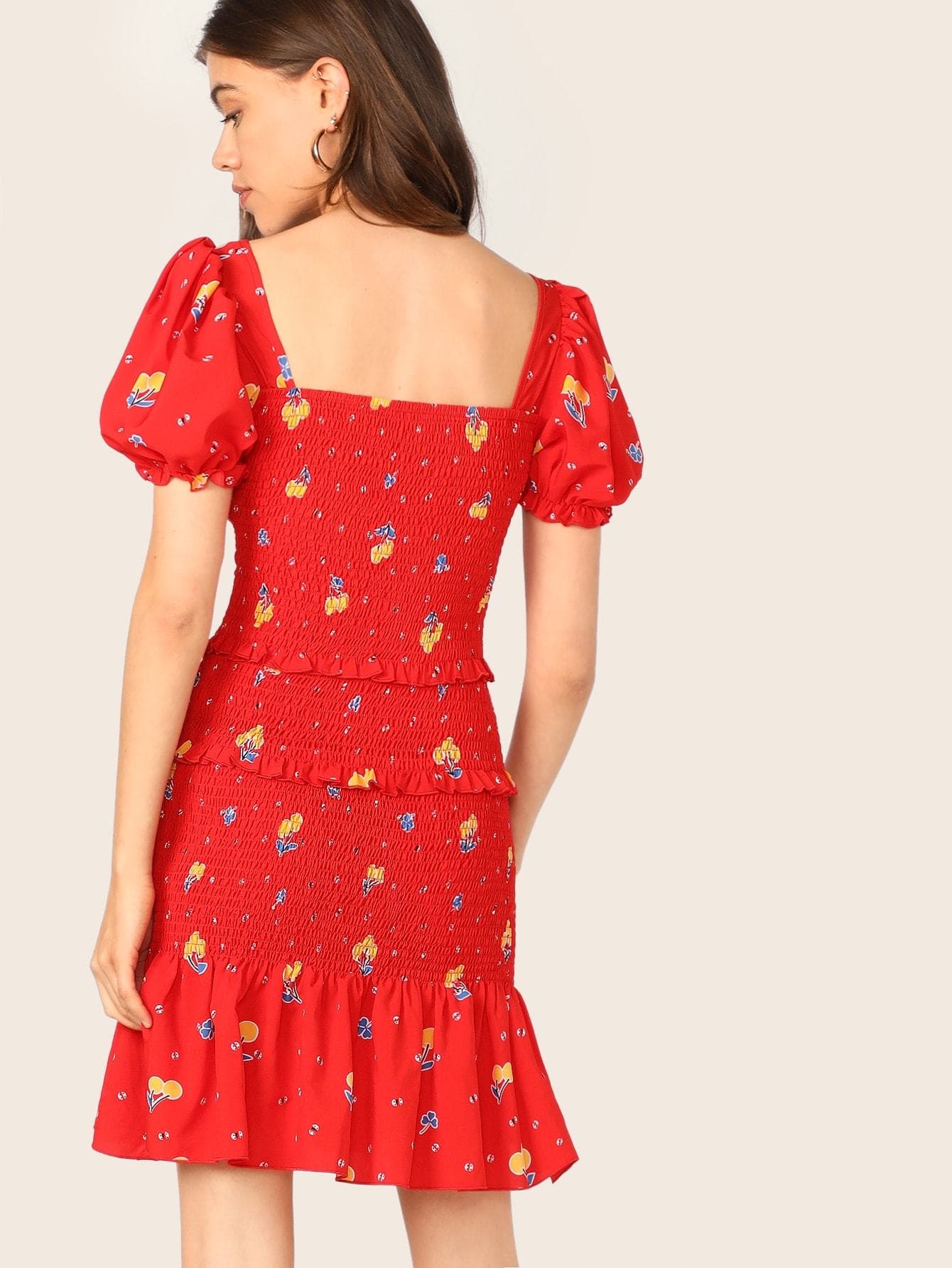 Red V-Neck Short Sleeve Layered Frill Trim Drop Waist Shirred Floral Dress