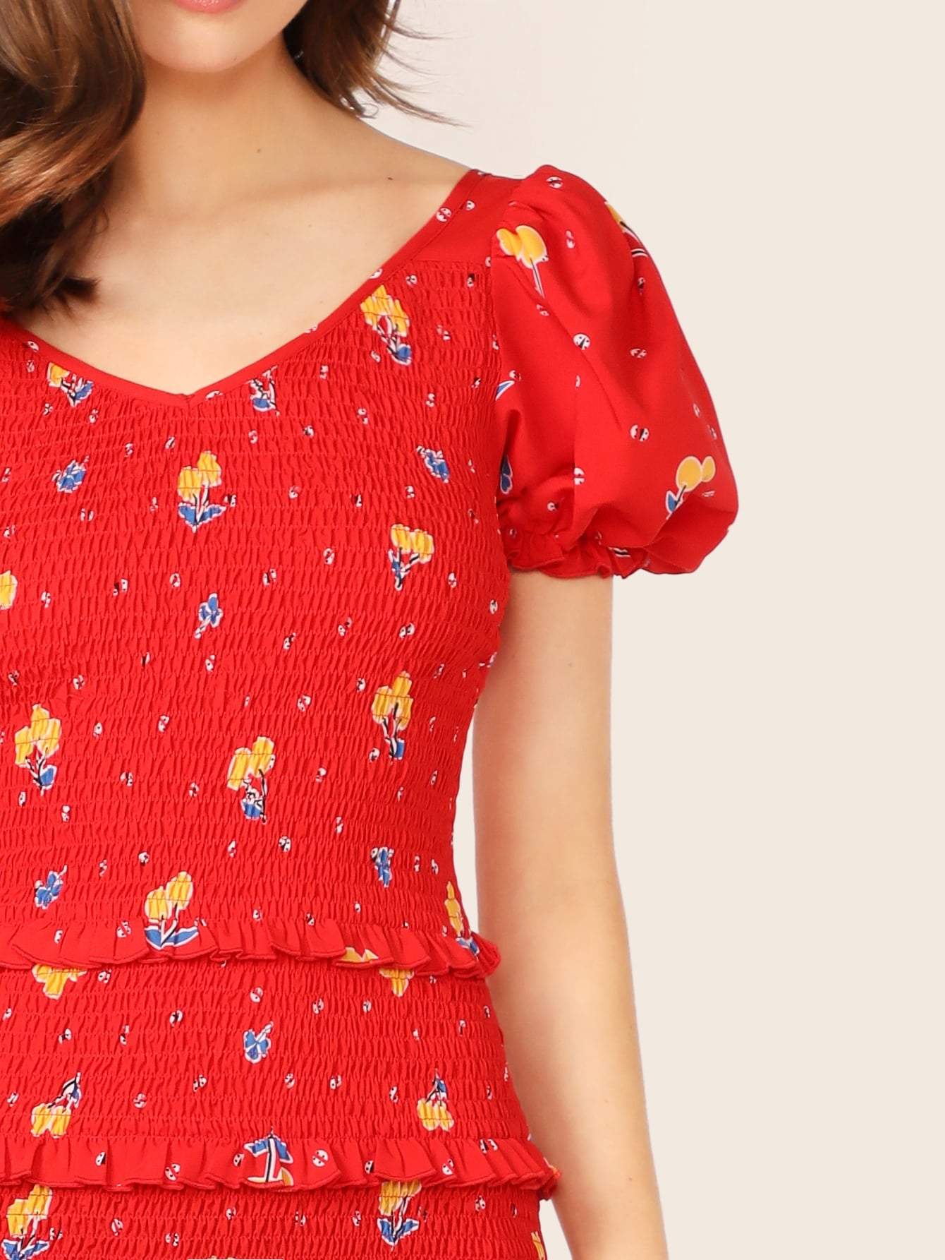 Red V-Neck Short Sleeve Layered Frill Trim Drop Waist Shirred Floral Dress