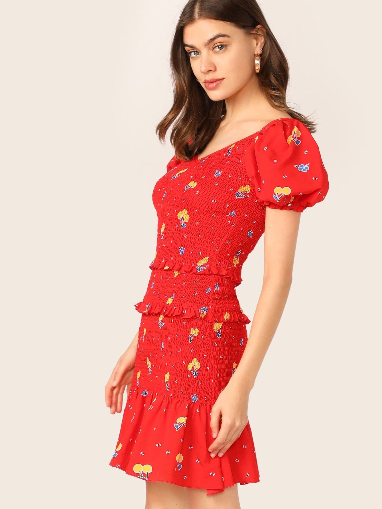 Red V-Neck Short Sleeve Layered Frill Trim Drop Waist Shirred Floral Dress