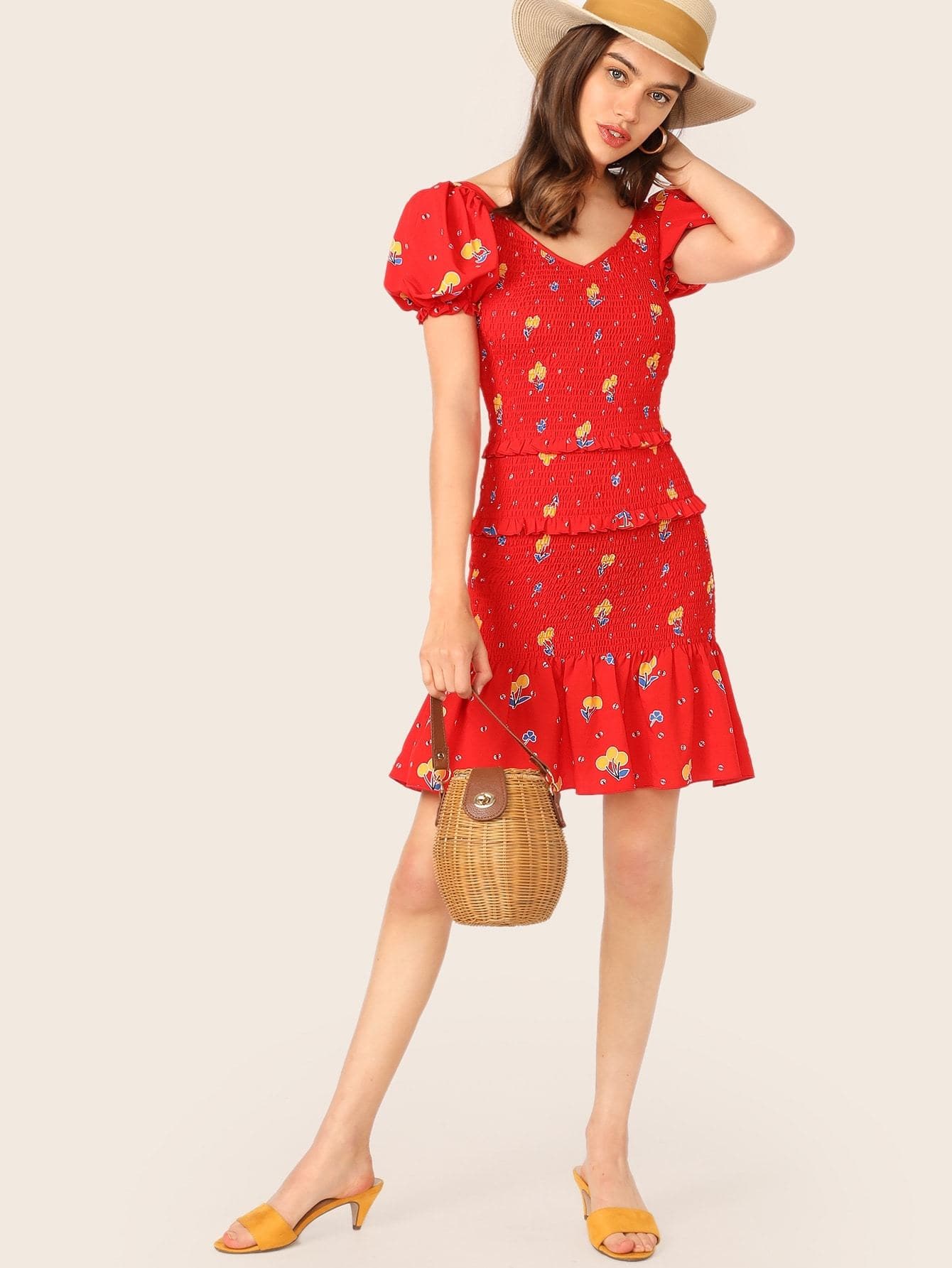 Red V-Neck Short Sleeve Layered Frill Trim Drop Waist Shirred Floral Dress
