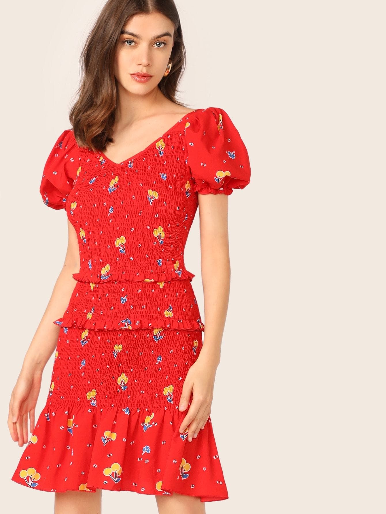 Red V-Neck Short Sleeve Layered Frill Trim Drop Waist Shirred Floral Dress