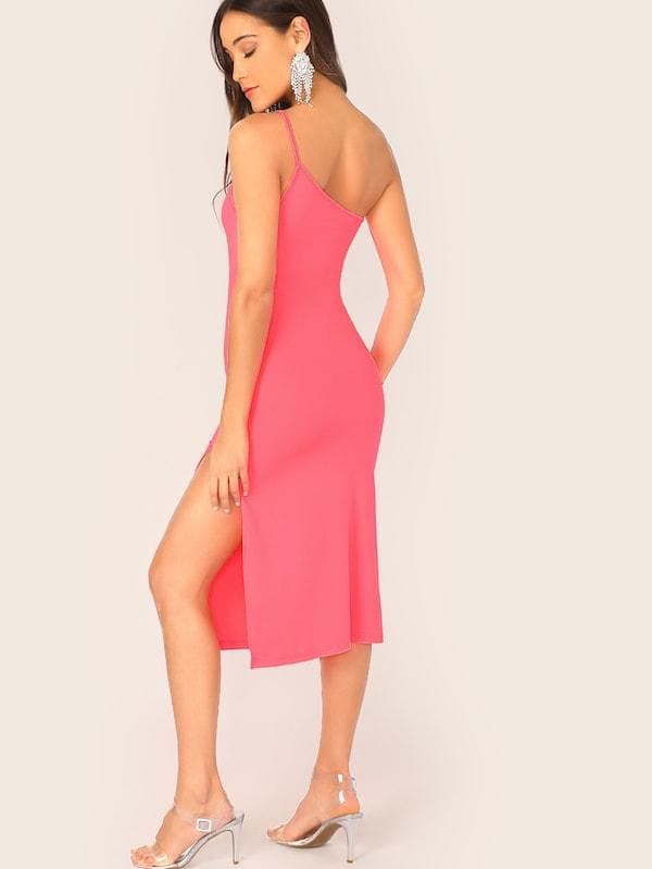 Sleeveless One Shoulder Split Thigh Form Fitted Dress - Pink