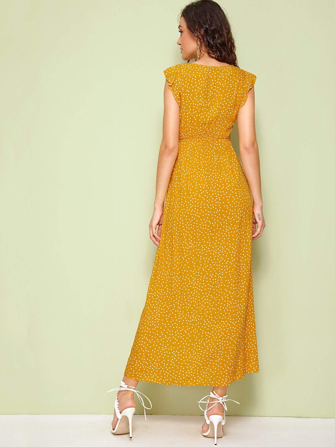 Polk Dot Cap Sleeve Plunging Neck Ruffle Armhole High Split Dress