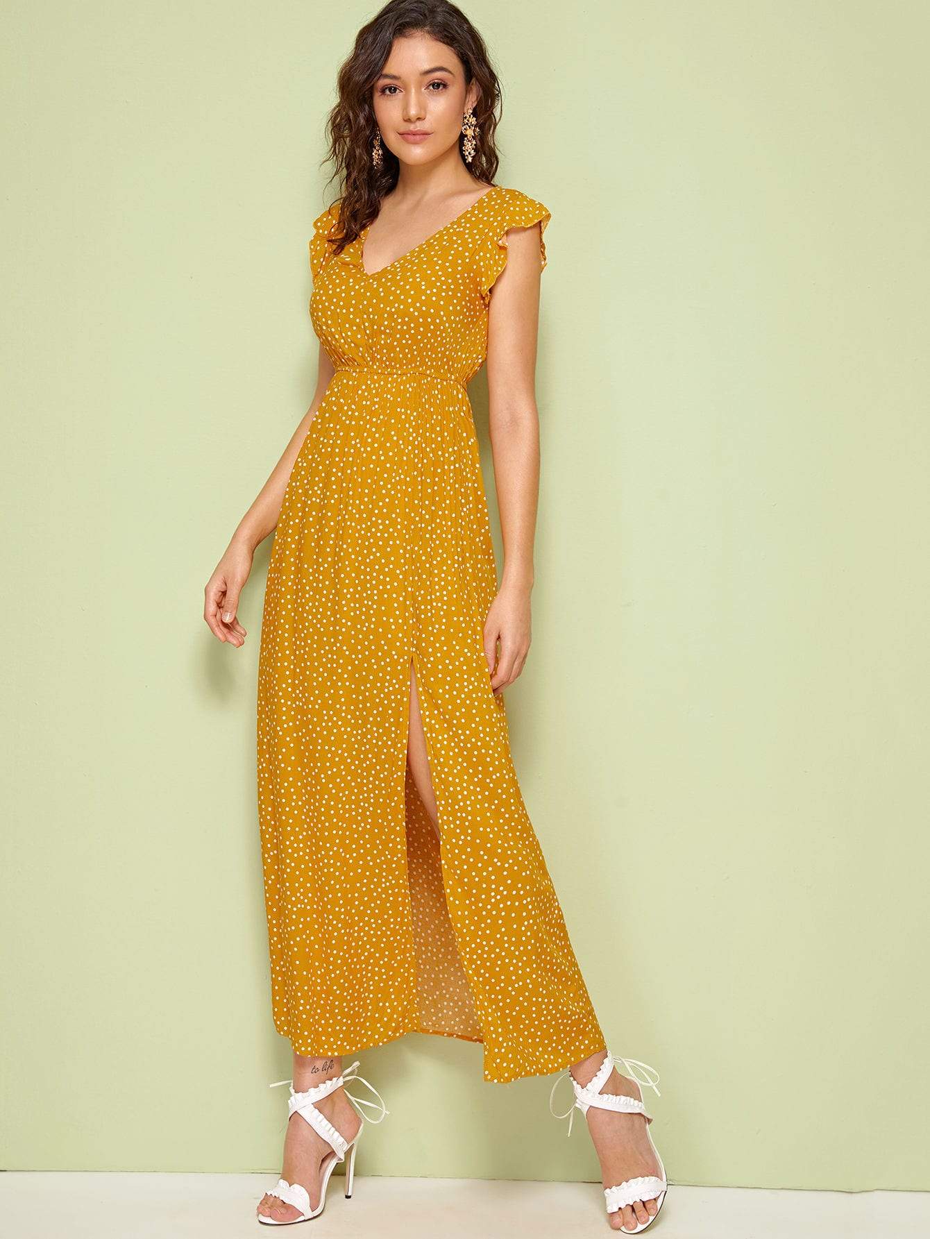 Polk Dot Cap Sleeve Plunging Neck Ruffle Armhole High Split Dress