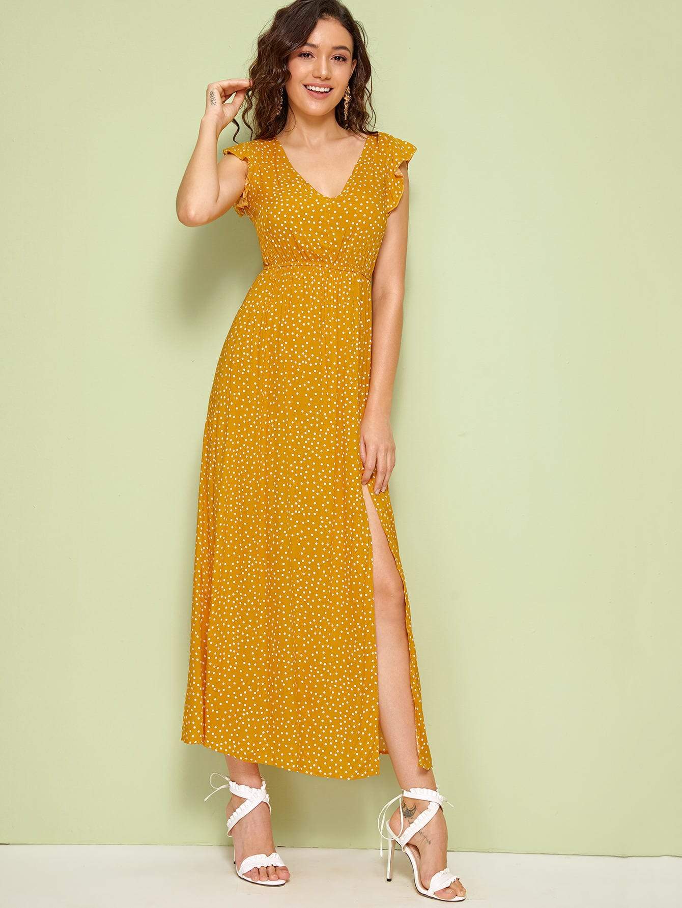 Polk Dot Cap Sleeve Plunging Neck Ruffle Armhole High Split Dress