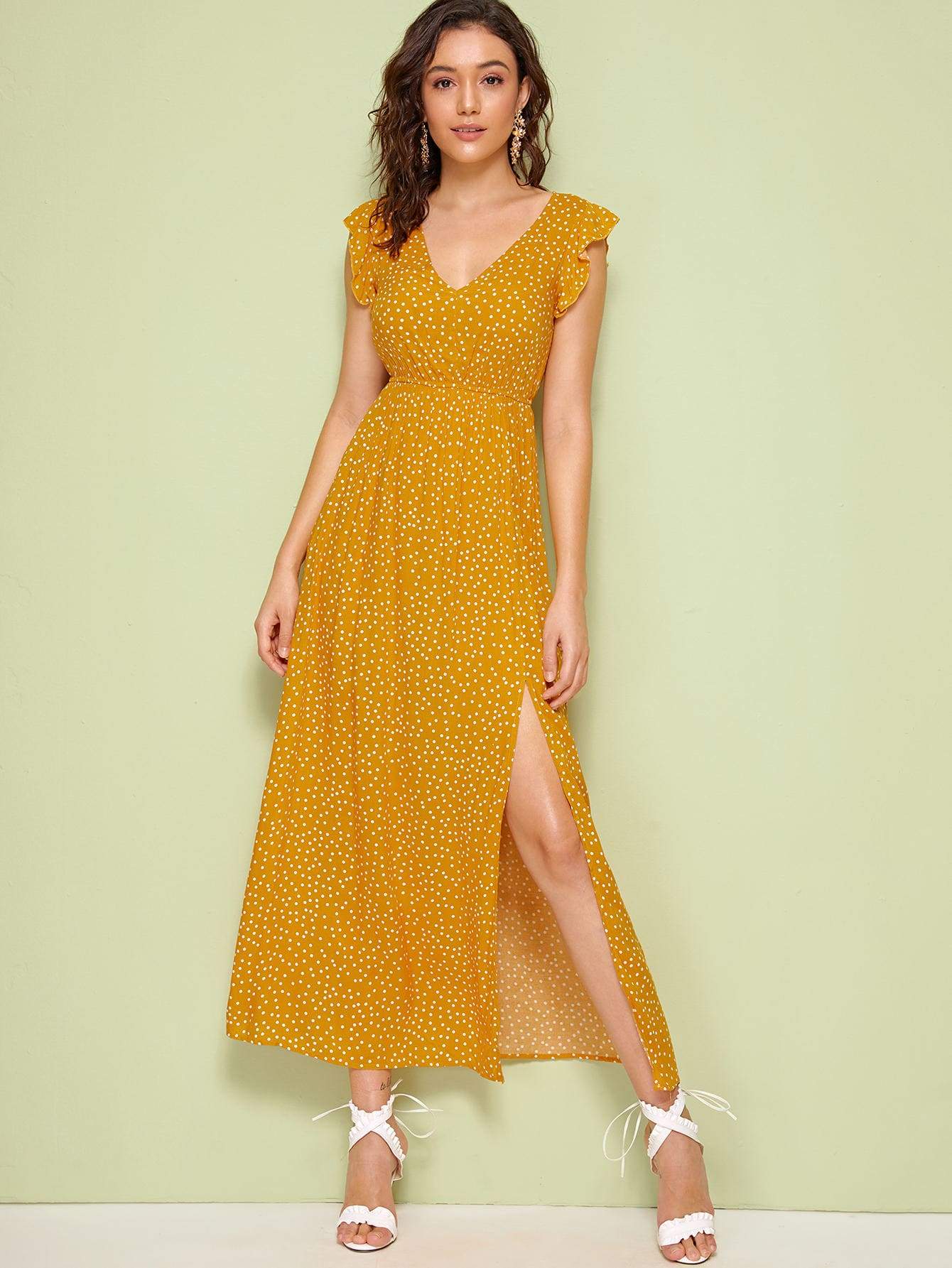 Polk Dot Cap Sleeve Plunging Neck Ruffle Armhole High Split Dress