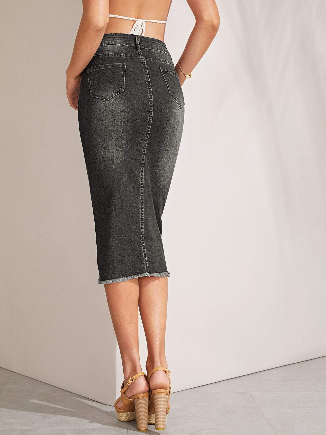 Black High Waist Raw Hem Split Skinny Denim Skirt