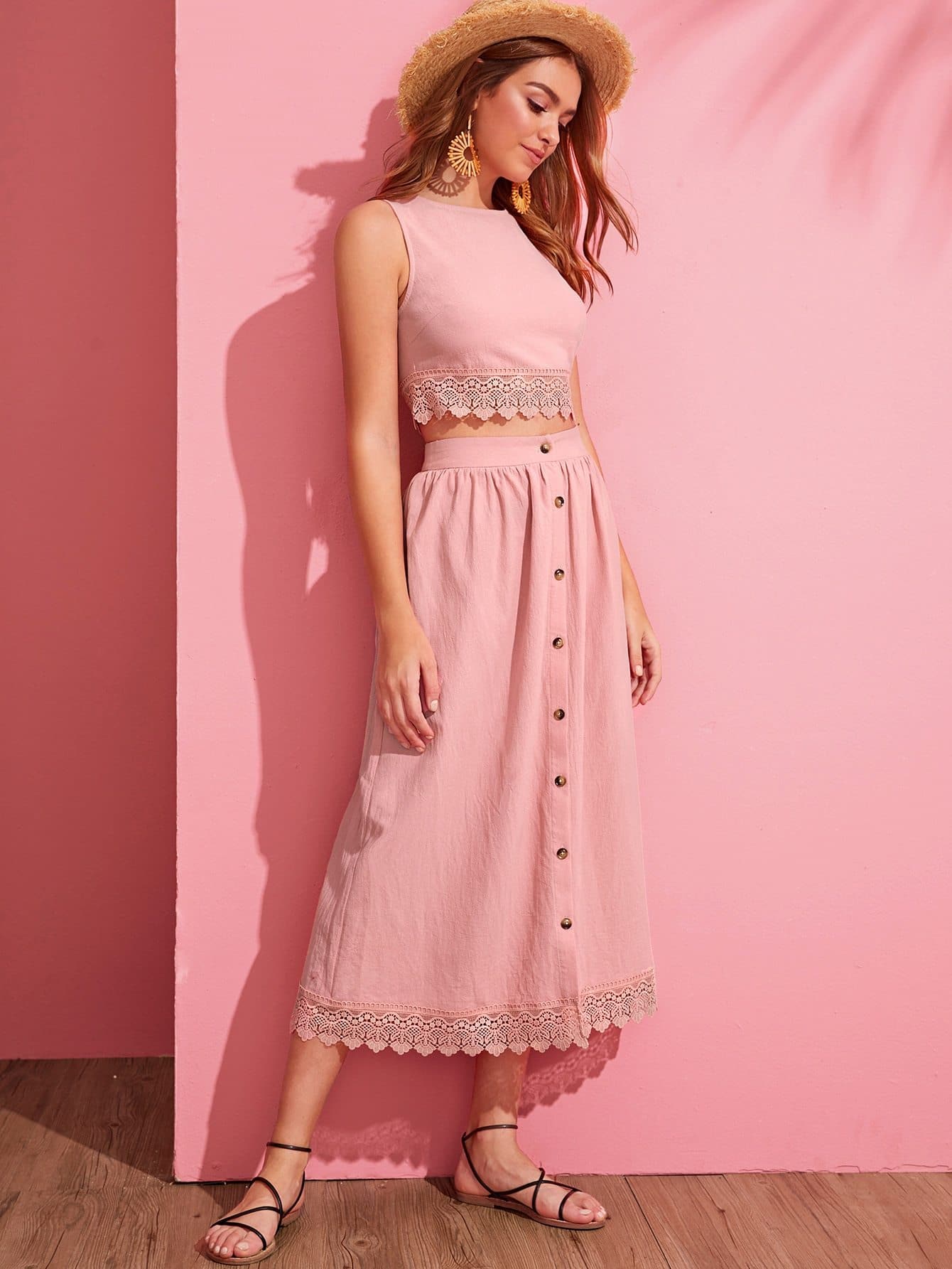 Pink Boat Neck Sleeveless Guipure Lace Detail Hem Crop Top & Button Front Skirt Set