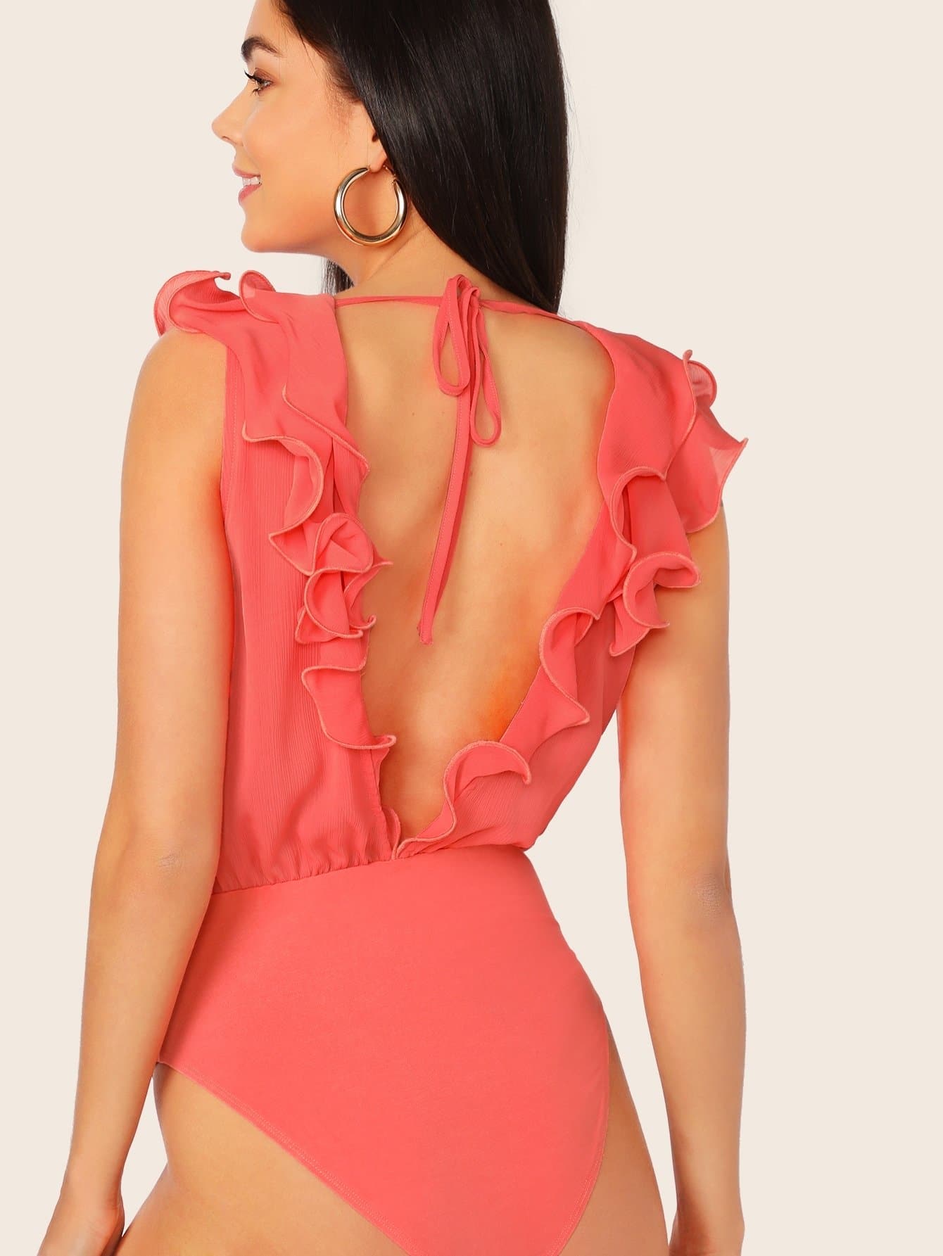 Orange Backless Deep Plunging V-Neck Ruffle Trim Tie Back Sleeveless Bodysuit