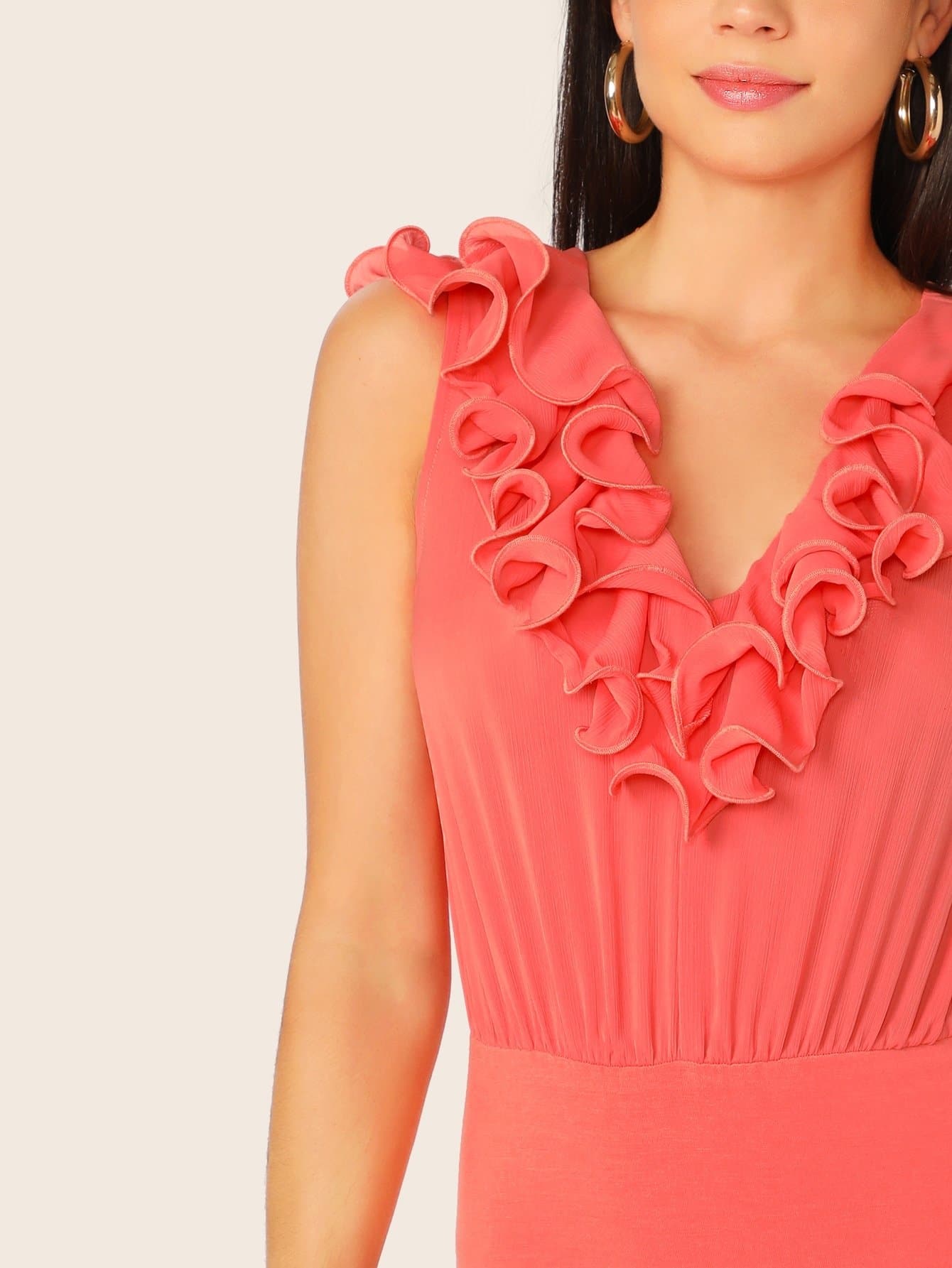Orange Backless Deep Plunging V-Neck Ruffle Trim Tie Back Sleeveless Bodysuit