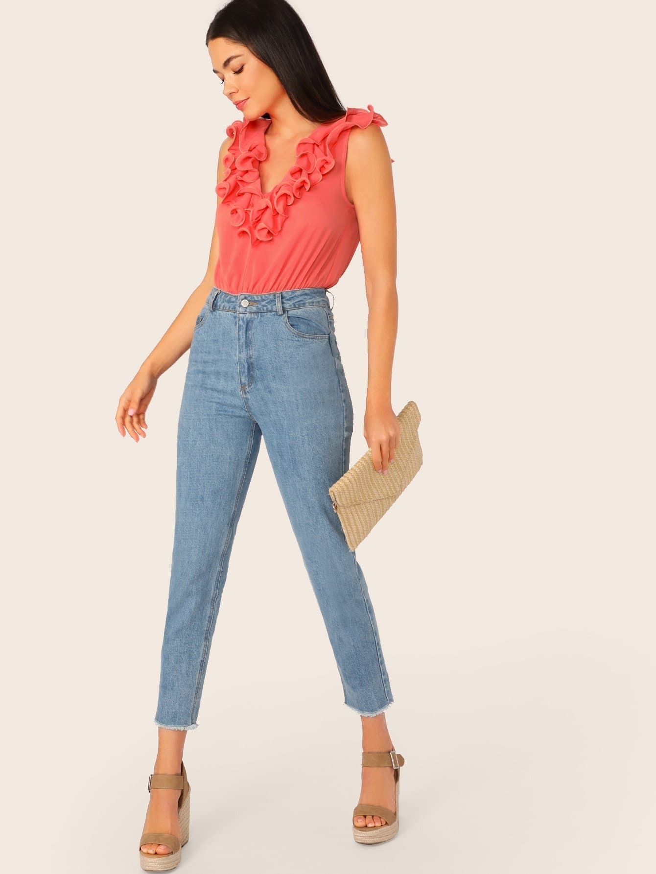 Orange Backless Deep Plunging V-Neck Ruffle Trim Tie Back Sleeveless Bodysuit