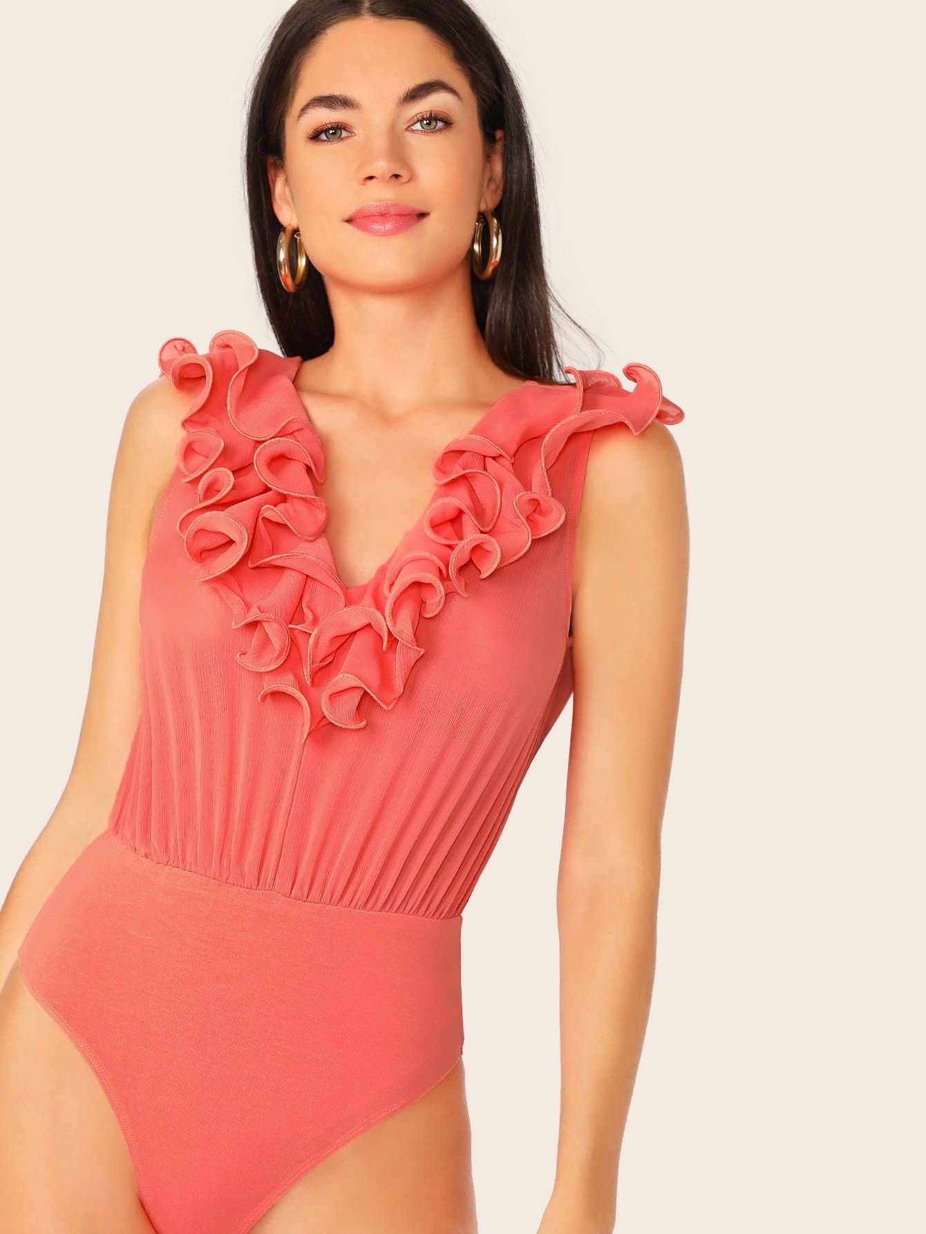 Orange Backless Deep Plunging V-Neck Ruffle Trim Tie Back Sleeveless Bodysuit