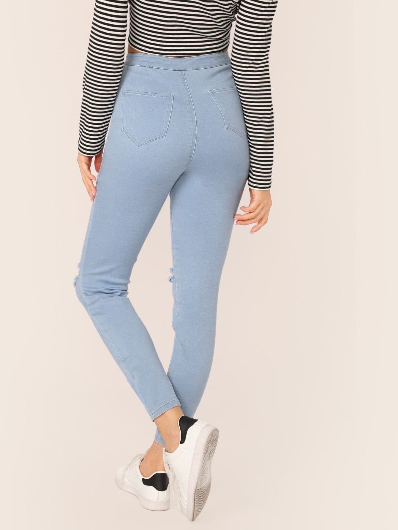 Blue Light Wash Ripped Skinny Crop Jeans