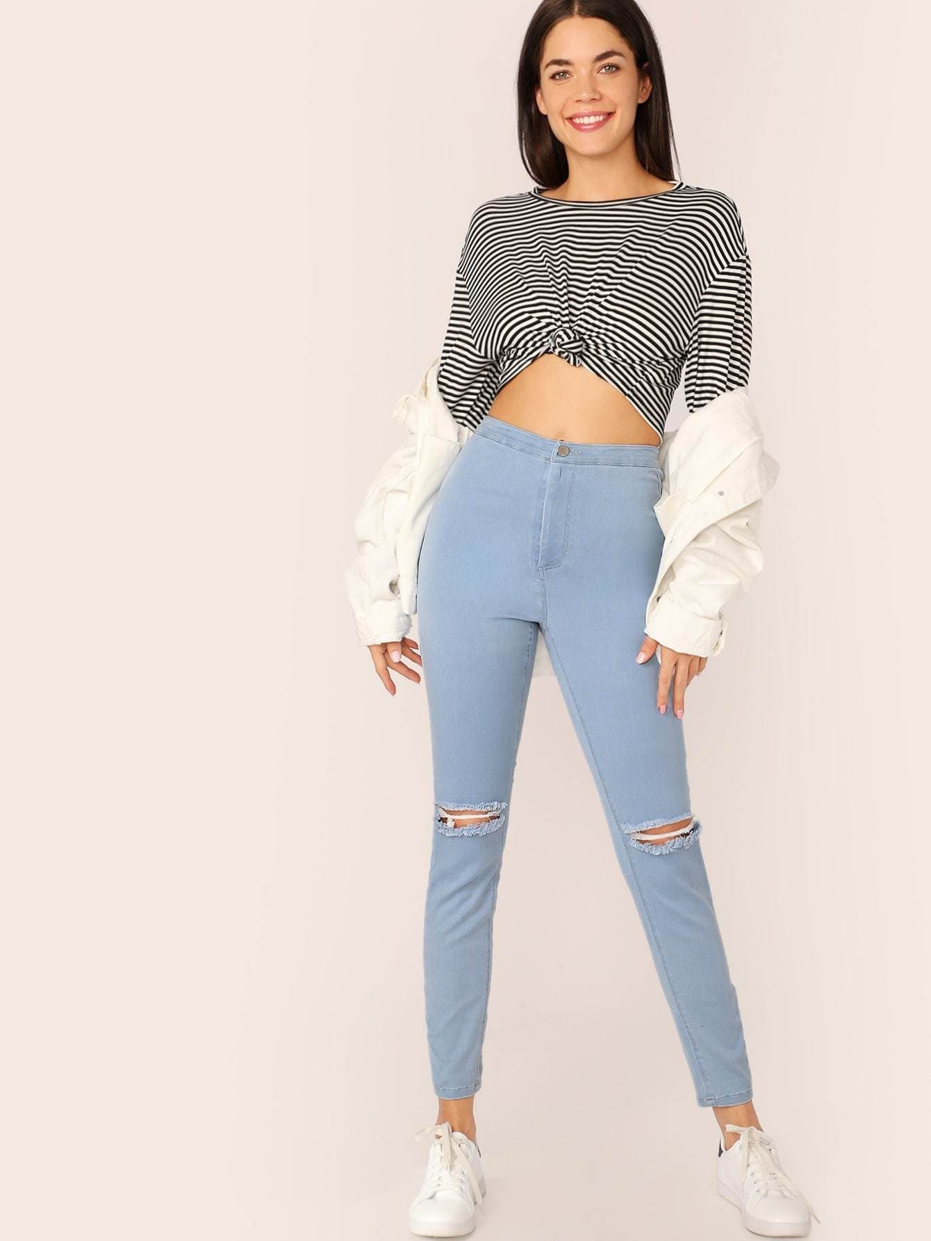 Blue Light Wash Ripped Skinny Crop Jeans