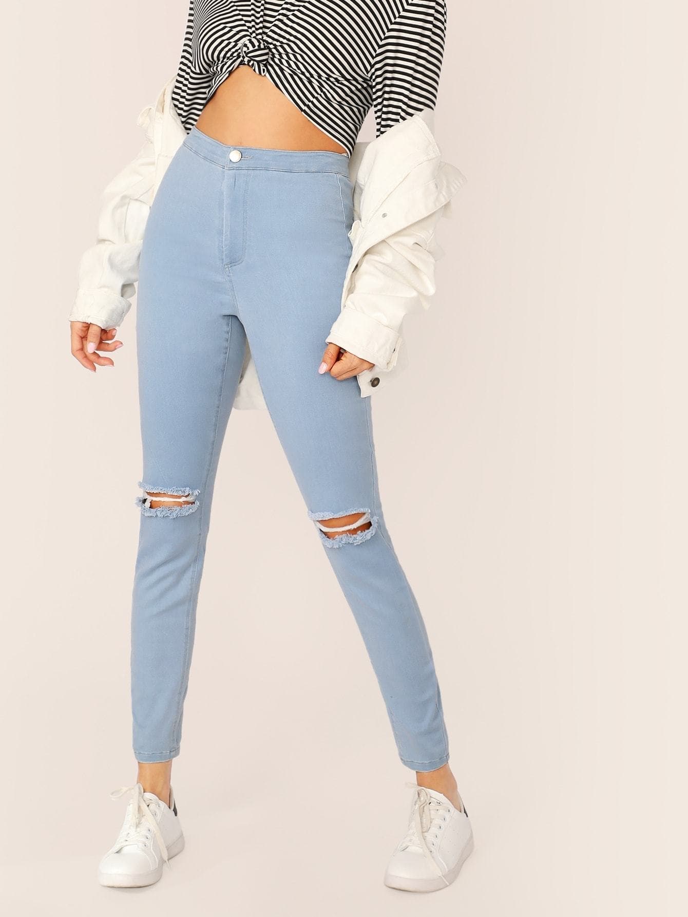 Blue Light Wash Ripped Skinny Crop Jeans