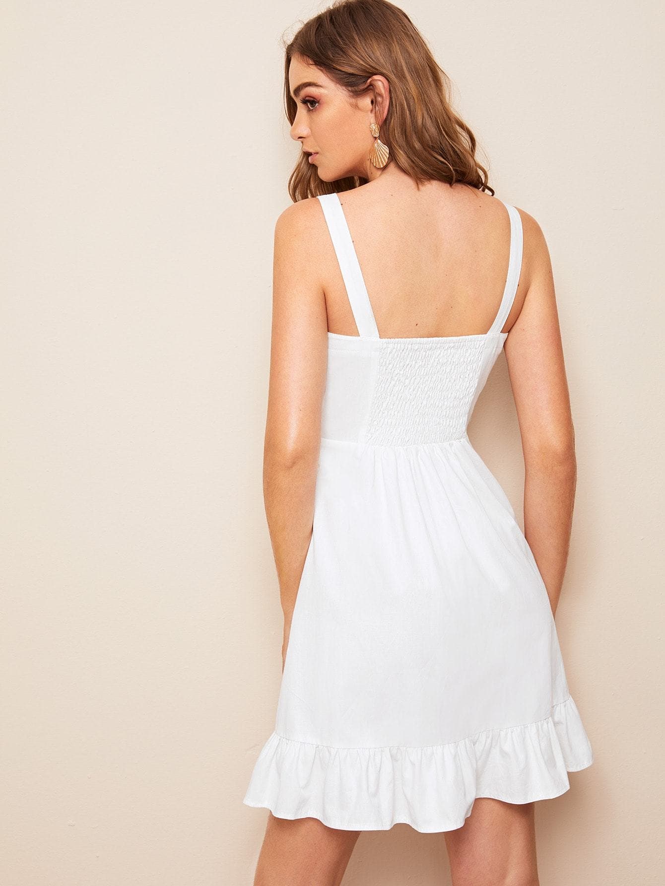 White Sleeveless High Waist Shirred Ruffle Hem Denim Dress