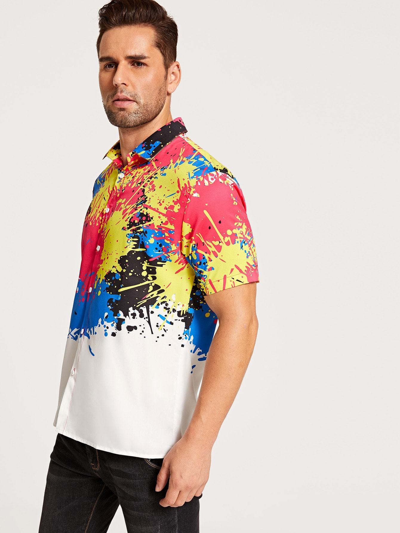 Short Sleeve Paint Splatter Pattern Button Front Shirt