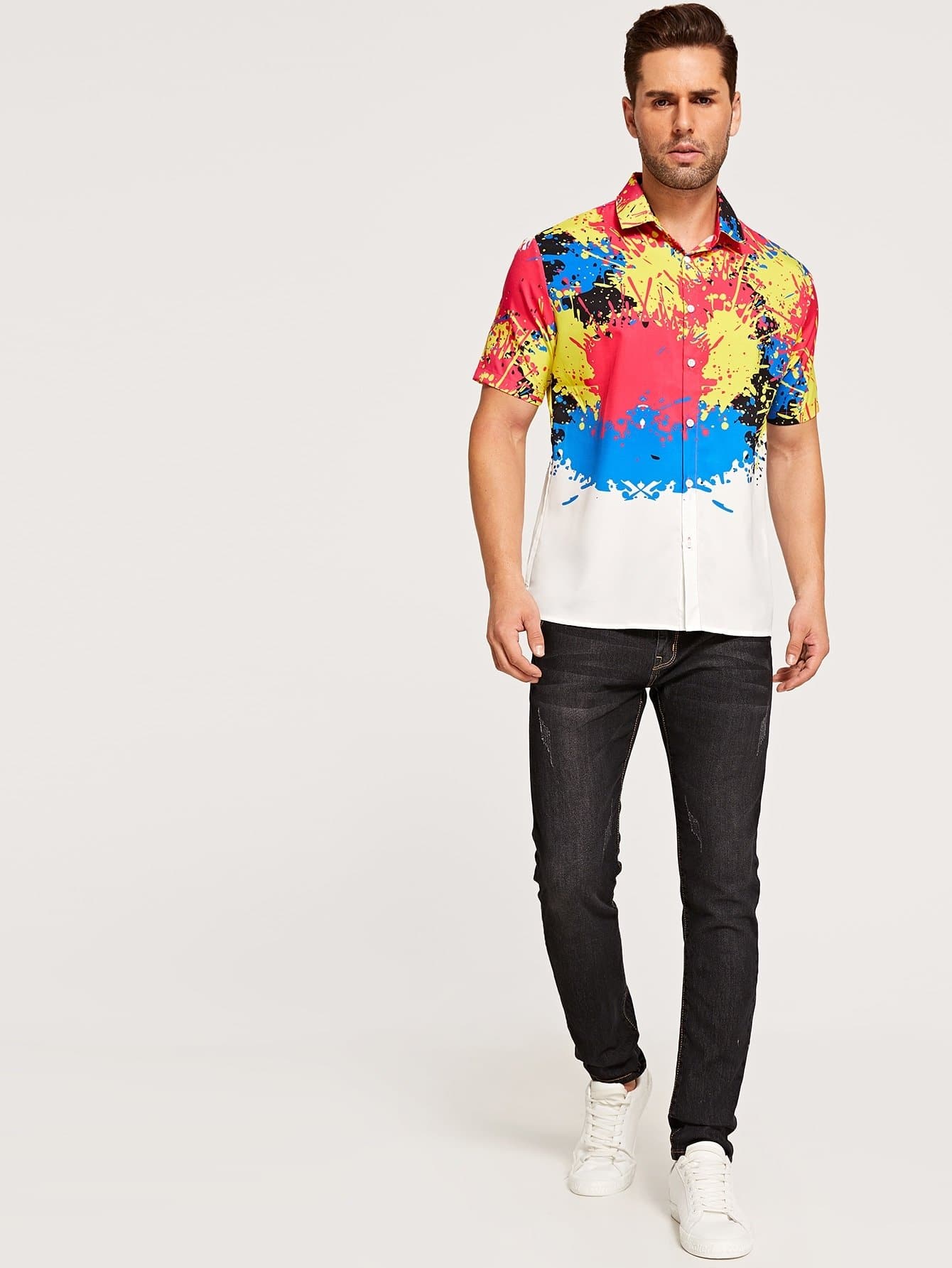 Short Sleeve Paint Splatter Pattern Button Front Shirt