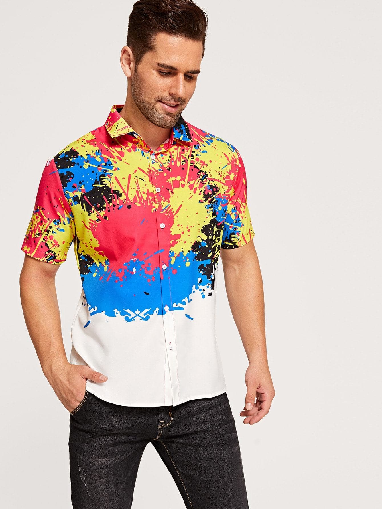 Short Sleeve Paint Splatter Pattern Button Front Shirt