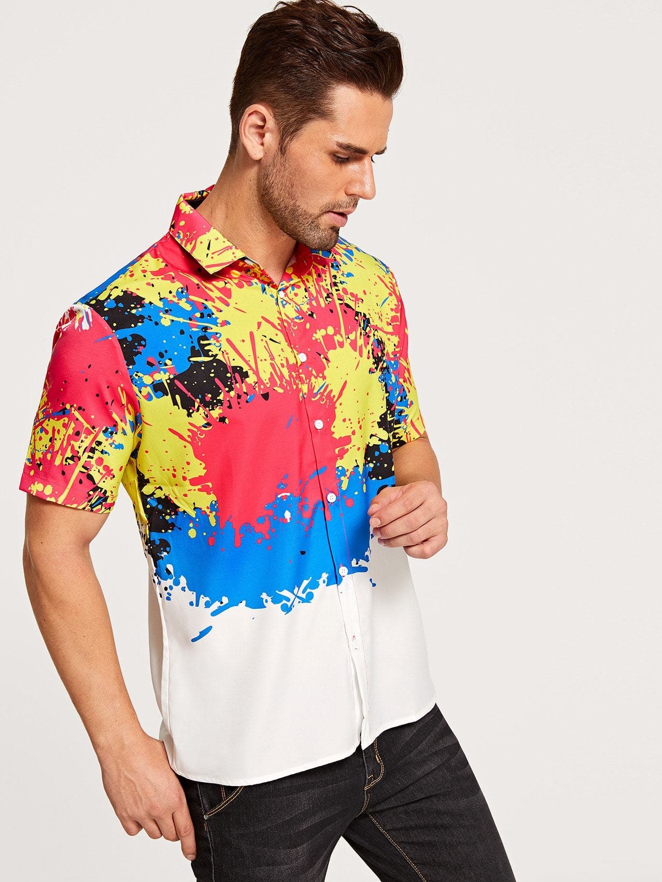 Short Sleeve Paint Splatter Pattern Button Front Shirt