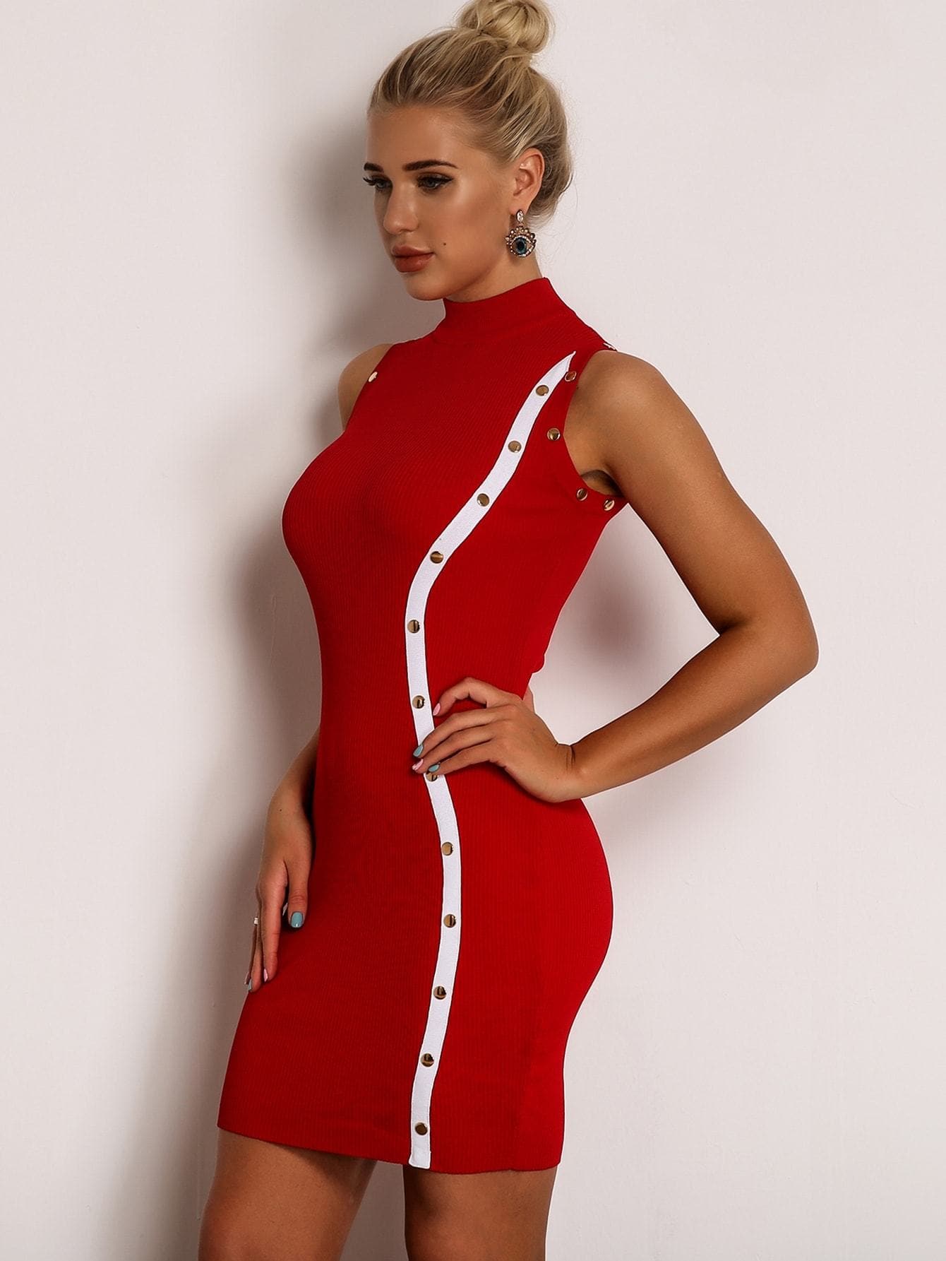 Bright Red Sleeveless Stand Collar Mock-neck Buttoned Rib-knit Pencil Dress