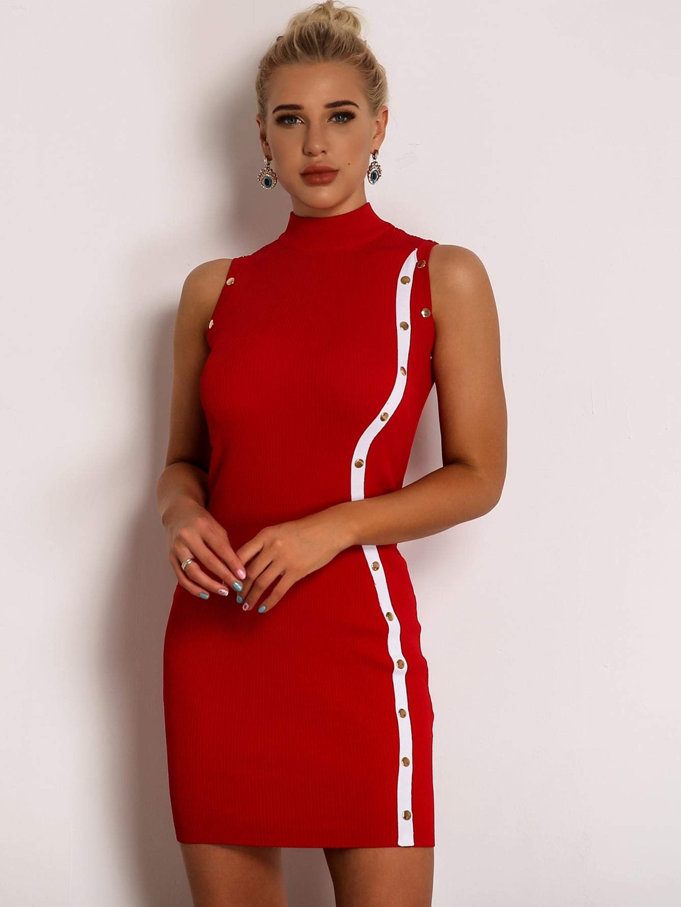 Bright Red Sleeveless Stand Collar Mock-neck Buttoned Rib-knit Pencil Dress