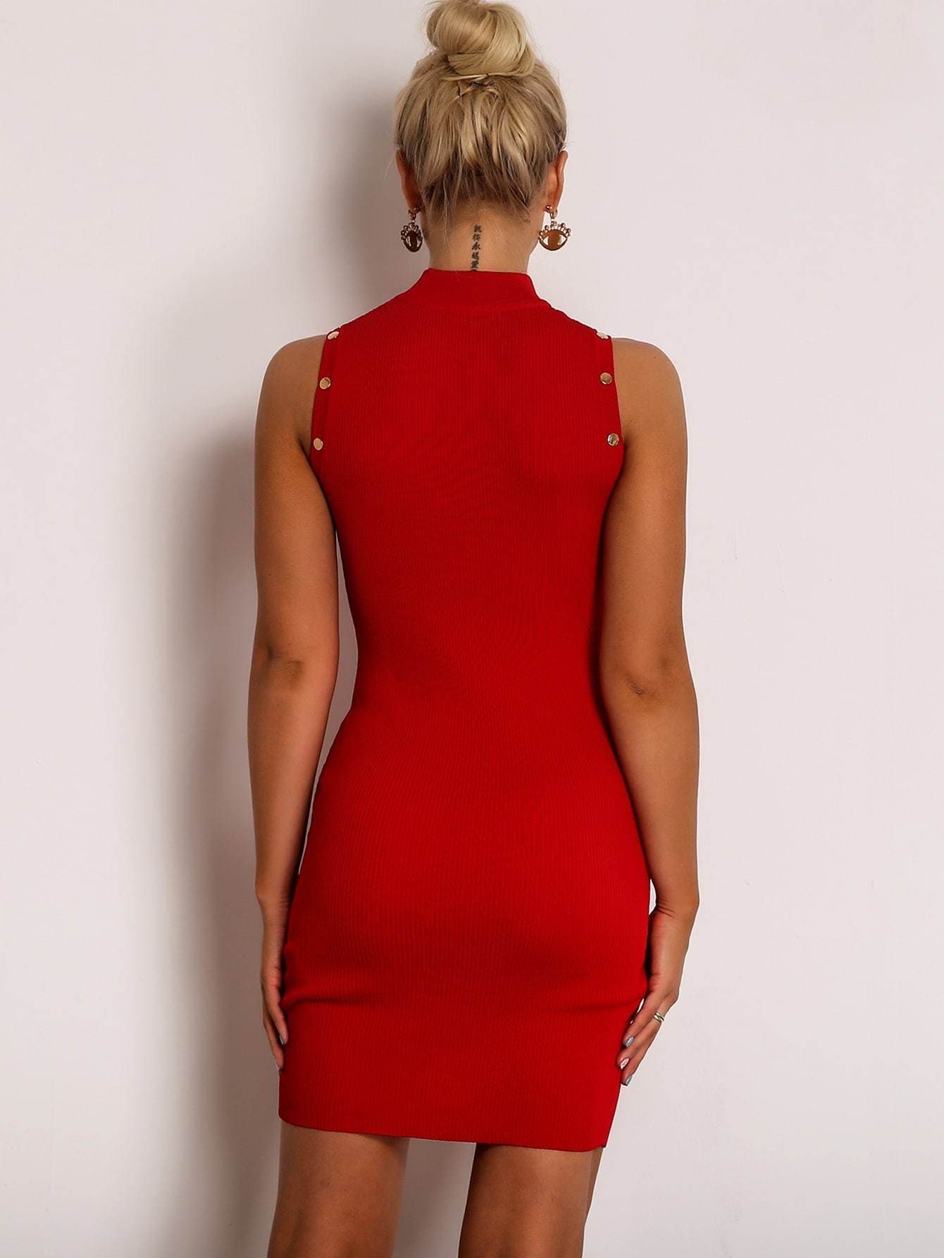 Bright Red Sleeveless Stand Collar Mock-neck Buttoned Rib-knit Pencil Dress