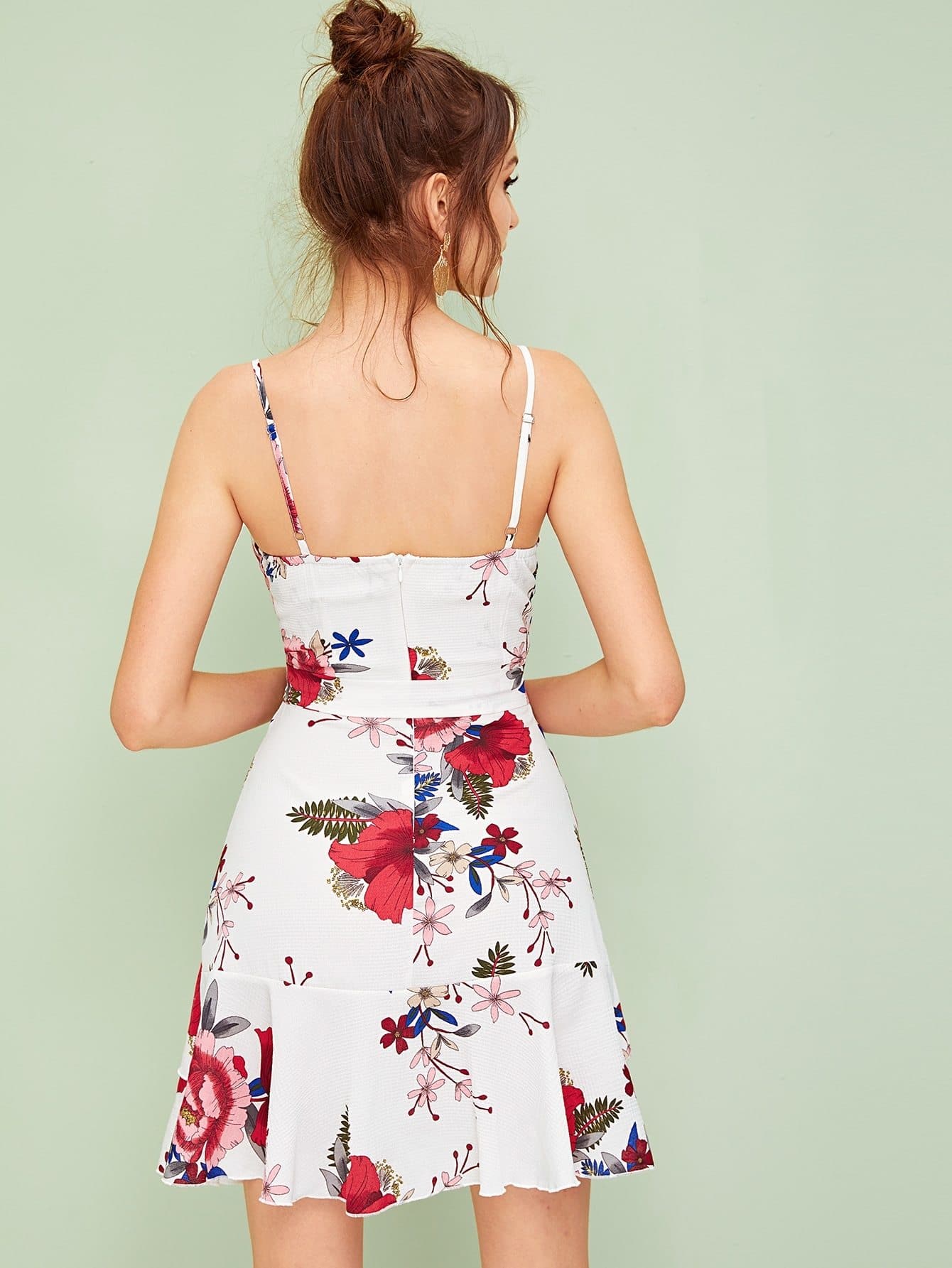 Spaghetti Strap Sleeveless Floral Print Ruffle Trim Belted Cami Short Dress