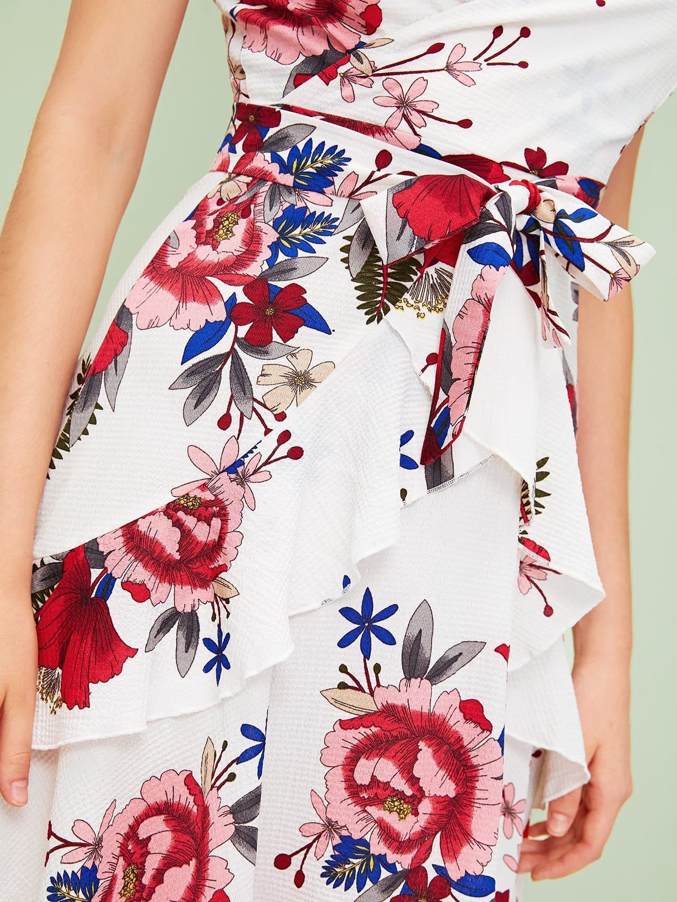 Spaghetti Strap Sleeveless Floral Print Ruffle Trim Belted Cami Short Dress