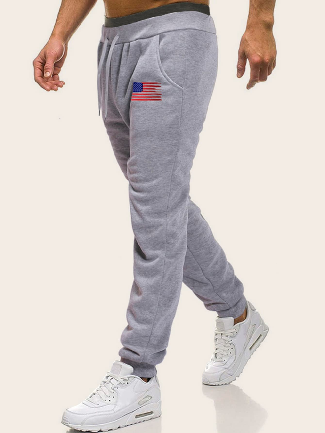 Grey Striped Flag Print Drawstring Sweatpants