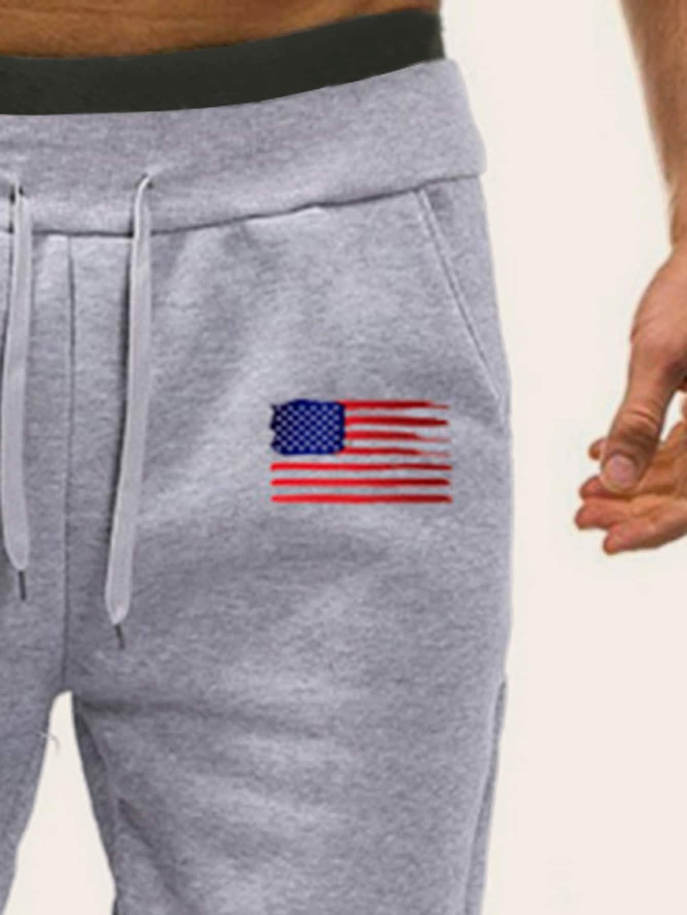 Grey Striped Flag Print Drawstring Sweatpants