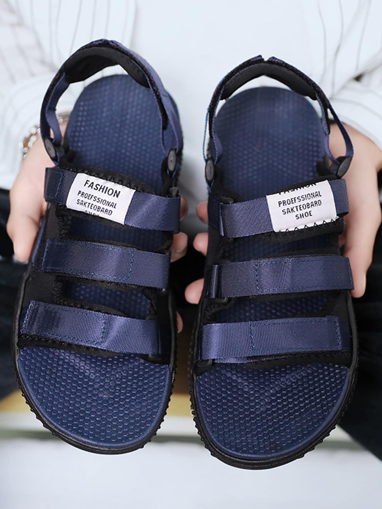 Navy Blue Hook-and-loop Straps Design Sandals