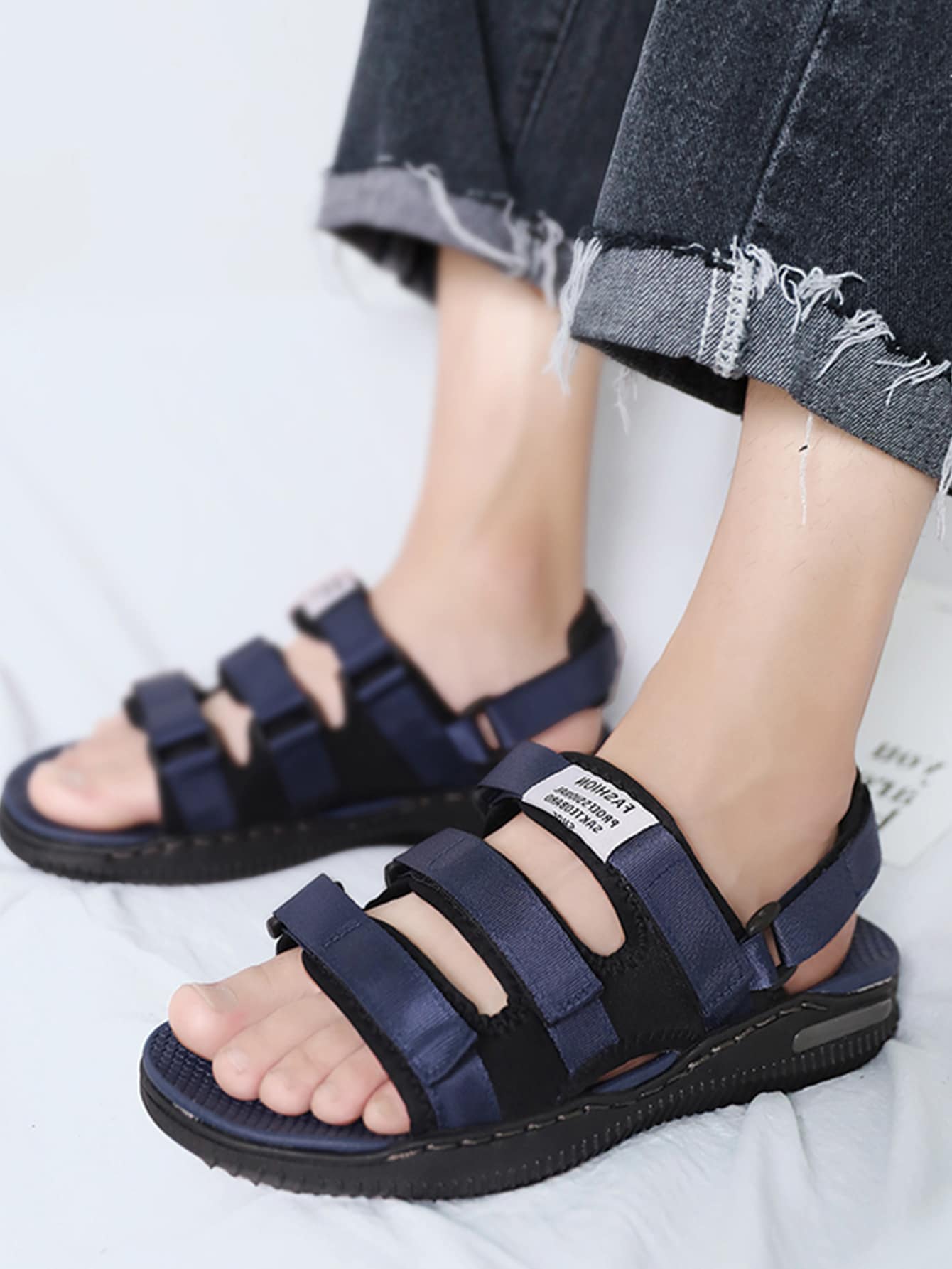 Navy Blue Hook-and-loop Straps Design Sandals