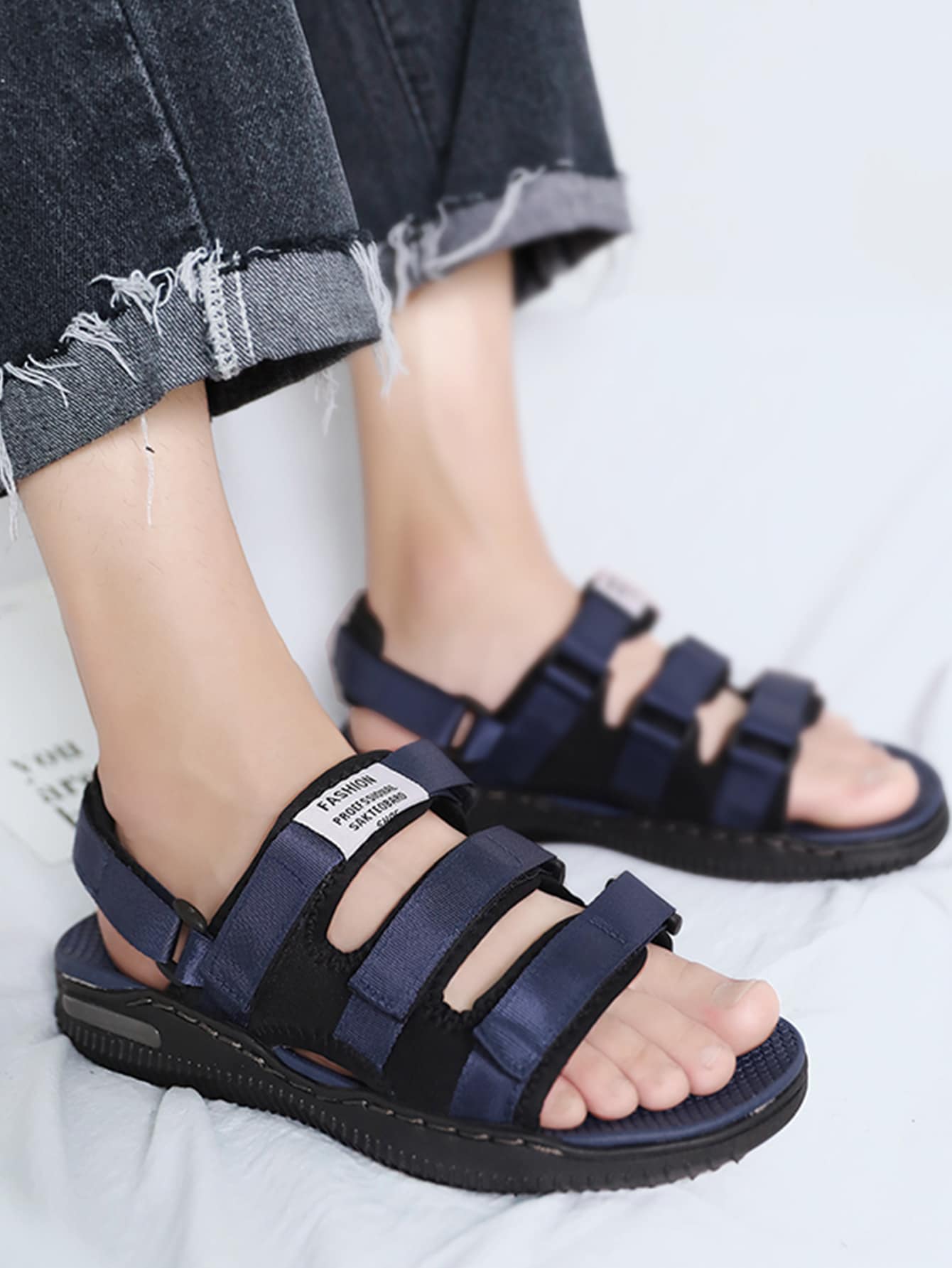Navy Blue Hook-and-loop Straps Design Sandals