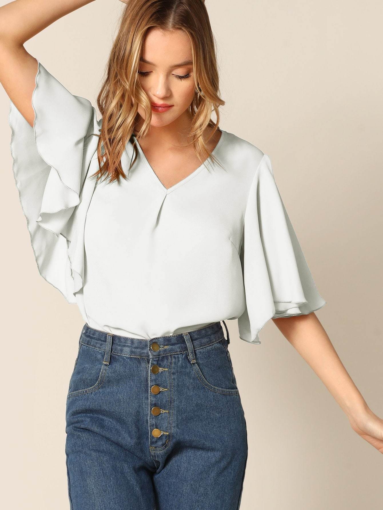 V-Neck Half Sleeve V-neck Flutter Sleeve Solid Top
