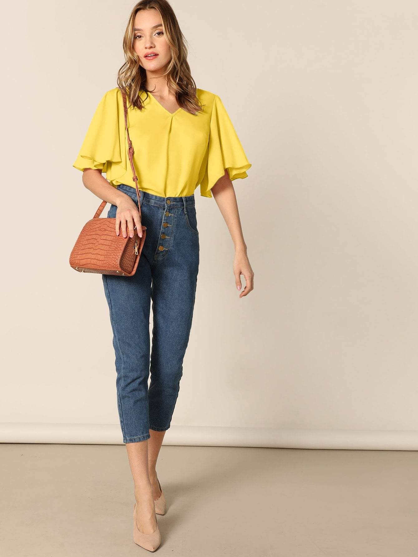 V-Neck Half Sleeve V-neck Flutter Sleeve Solid Top