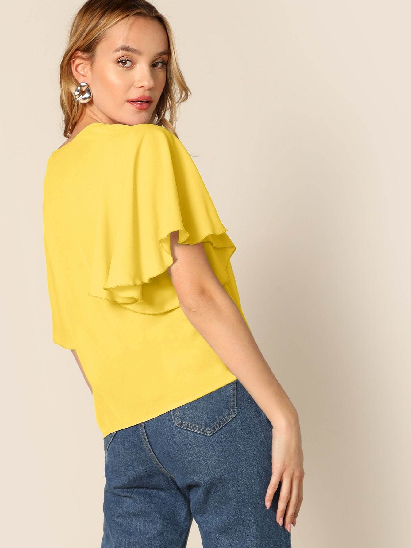 V-Neck Half Sleeve V-neck Flutter Sleeve Solid Top