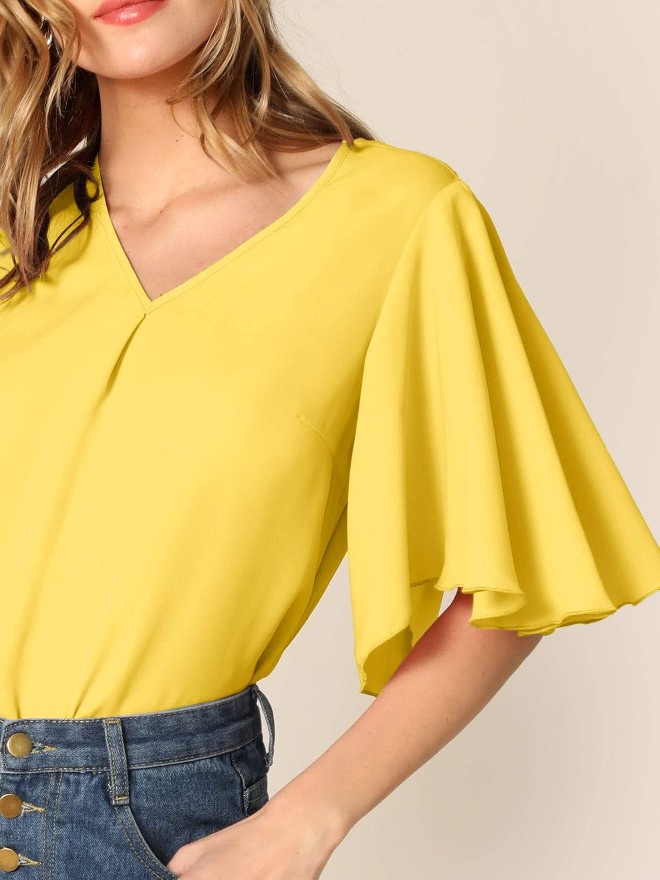 V-Neck Half Sleeve V-neck Flutter Sleeve Solid Top