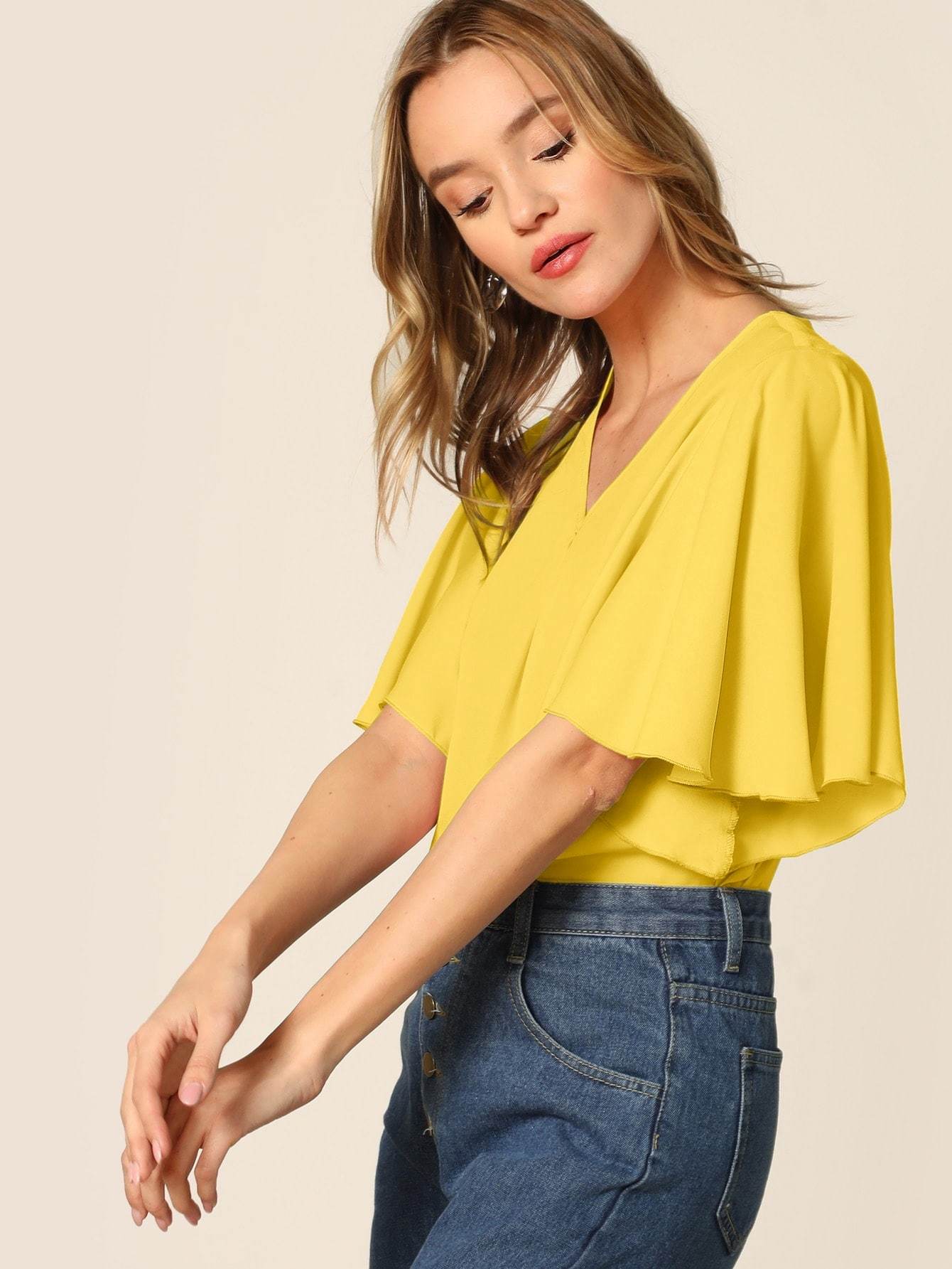 V-Neck Half Sleeve V-neck Flutter Sleeve Solid Top