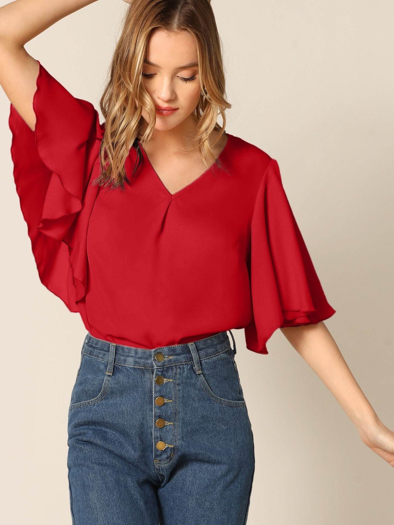 V-Neck Half Sleeve V-neck Flutter Sleeve Solid Top