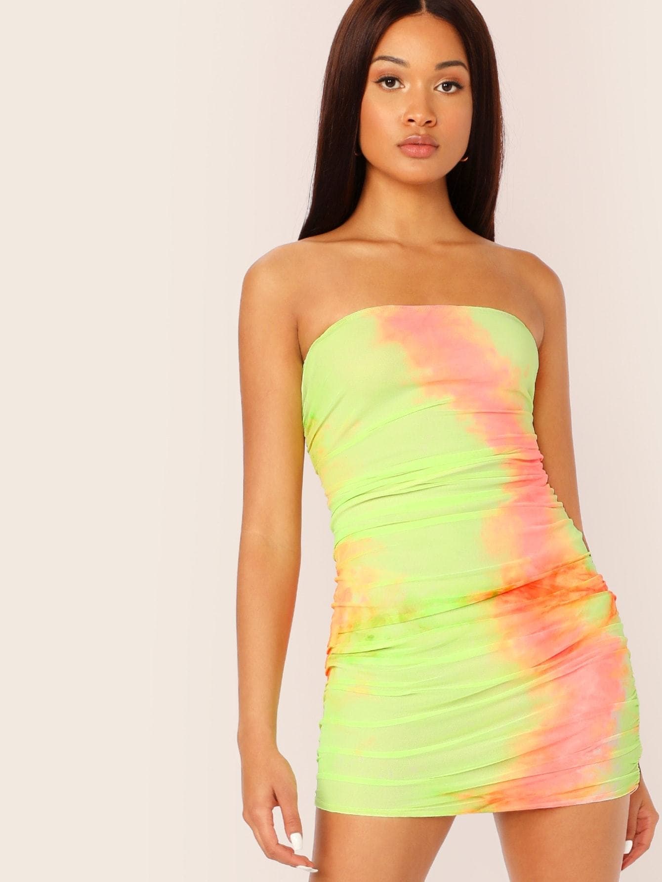 Strapless Sleeveless Tie Dye Ruched Tube Bodycon Dress