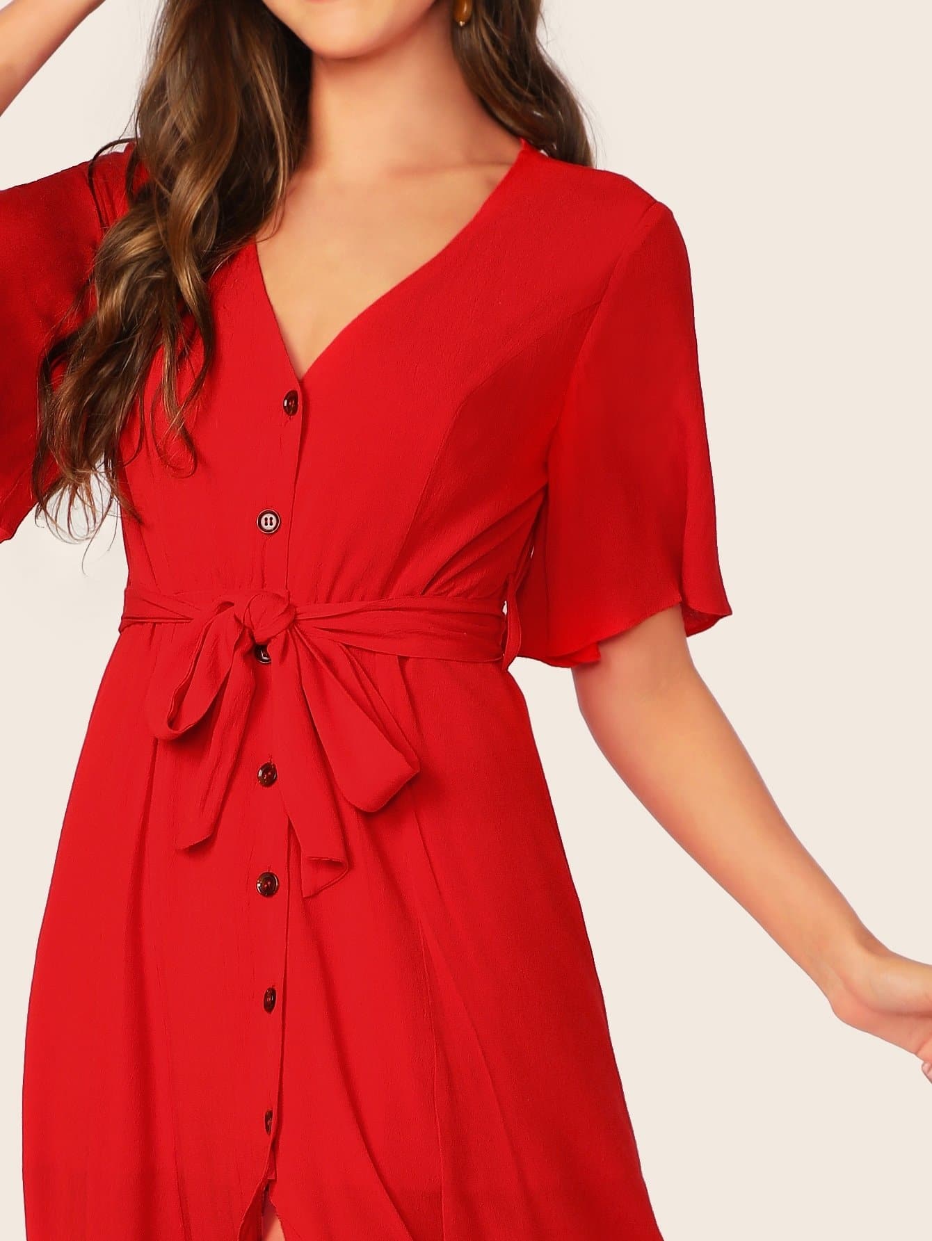 Red V-Neck Short Sleeve V-Neck Button Front Split Ruffle Trim Belted Dress