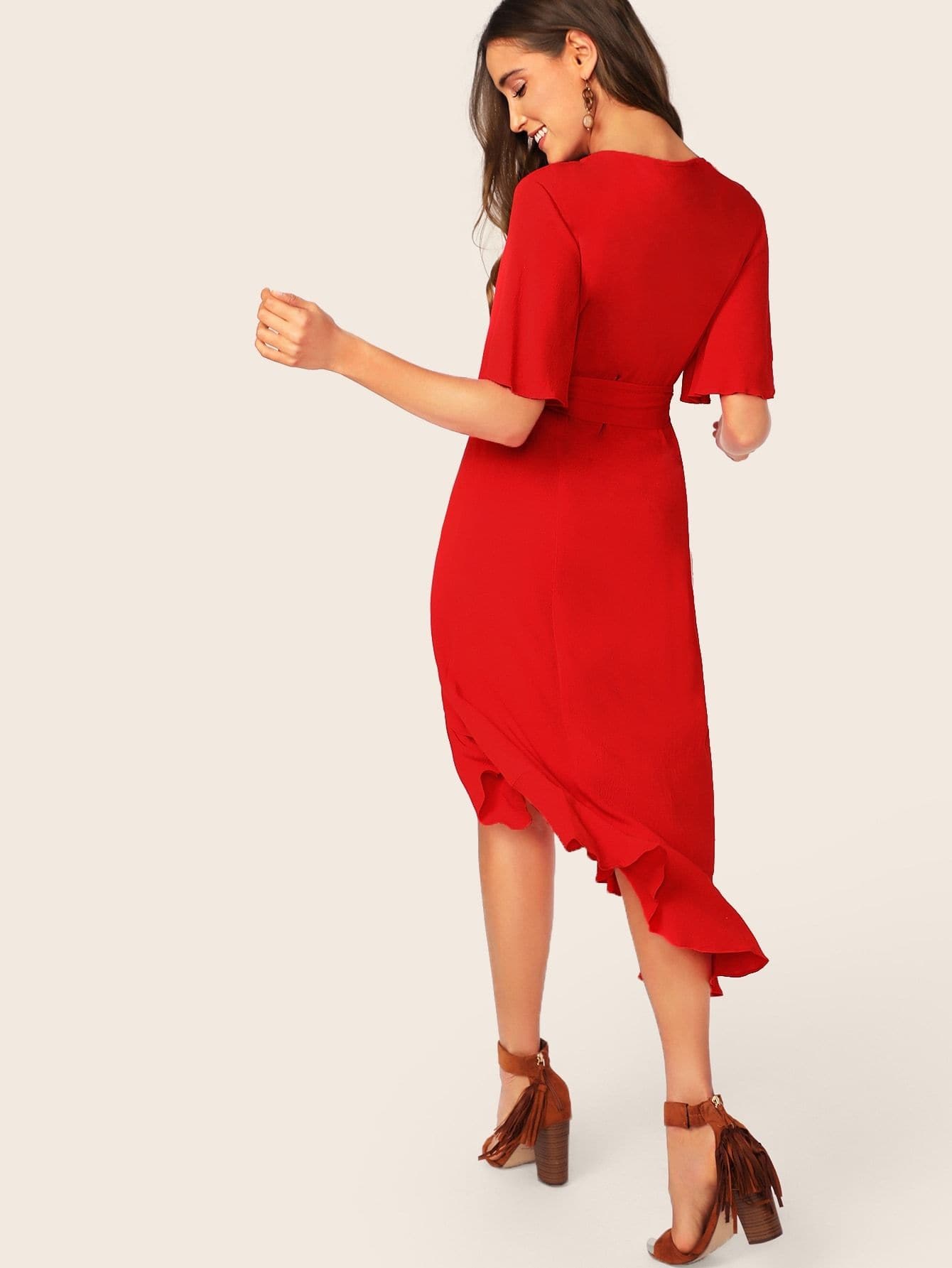 Red V-Neck Short Sleeve V-Neck Button Front Split Ruffle Trim Belted Dress