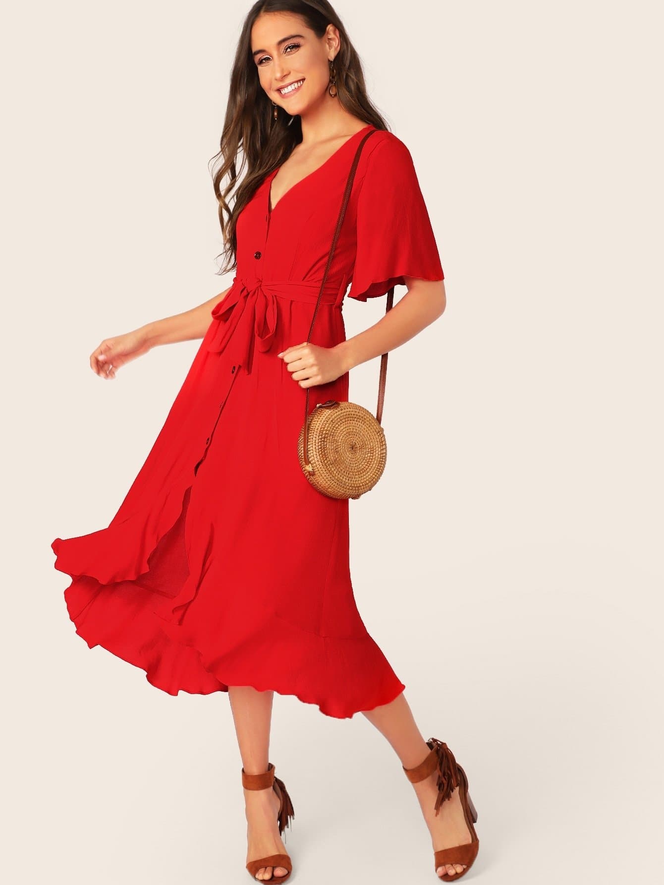 Red V-Neck Short Sleeve V-Neck Button Front Split Ruffle Trim Belted Dress