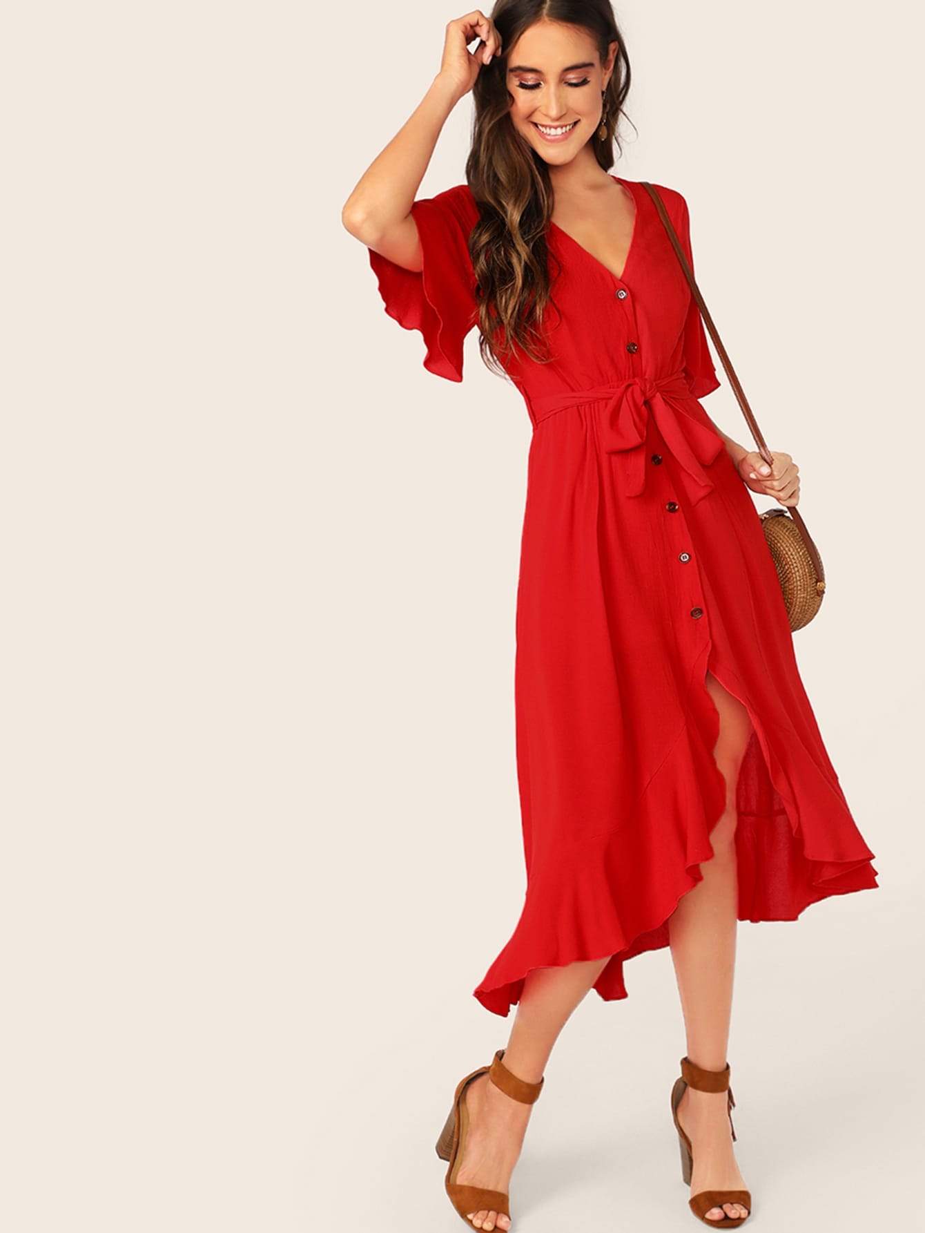 Red V-Neck Short Sleeve V-Neck Button Front Split Ruffle Trim Belted Dress
