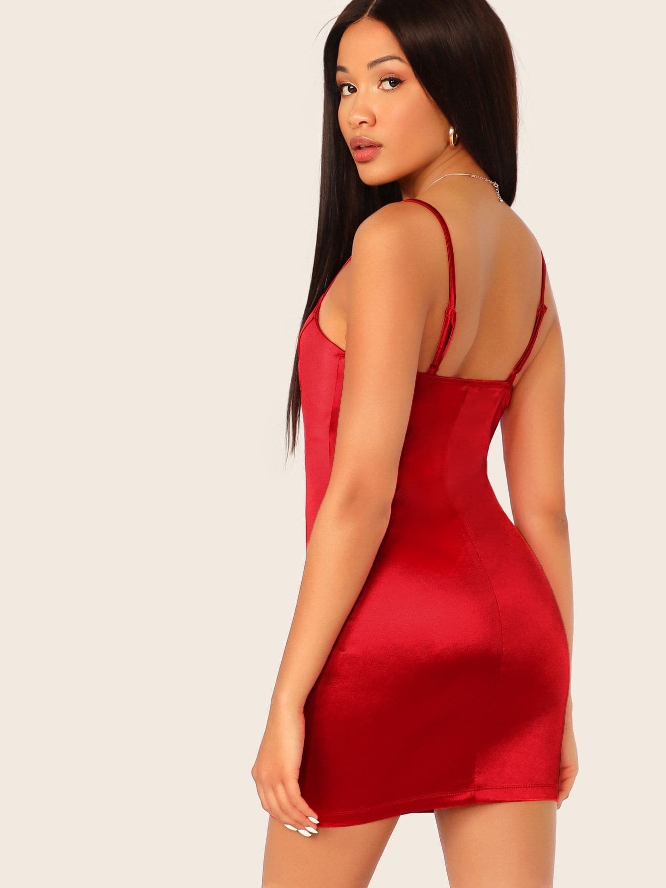 Bright Red Sleeveless Spaghetti Strap Solid Satin Mini Dress