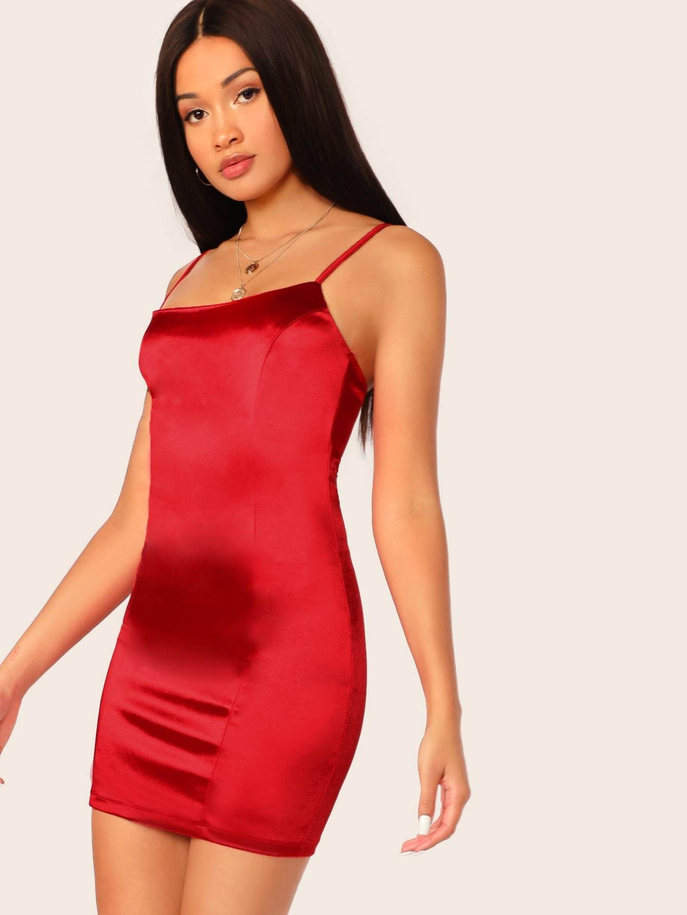 Bright Red Sleeveless Spaghetti Strap Solid Satin Mini Dress