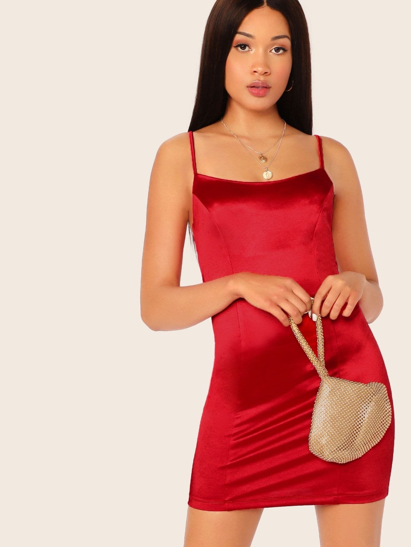 Bright Red Sleeveless Spaghetti Strap Solid Satin Mini Dress